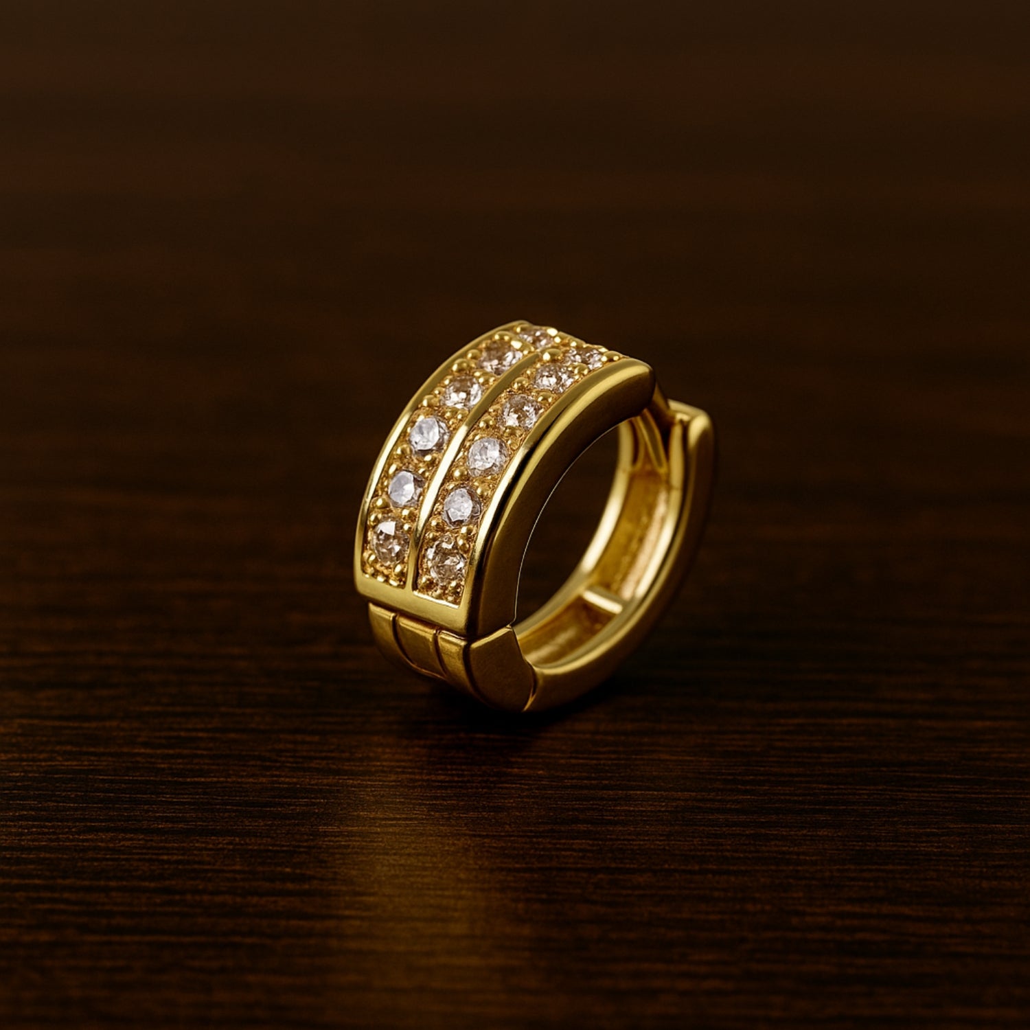 Women’s Triple-Row Pavé Rectangle Huggie Hoop Earrings – Gold-Tone Bar Mini Hoops with Open Channel & Hinged Latch-Back, Lightweight Everyday Sparkle