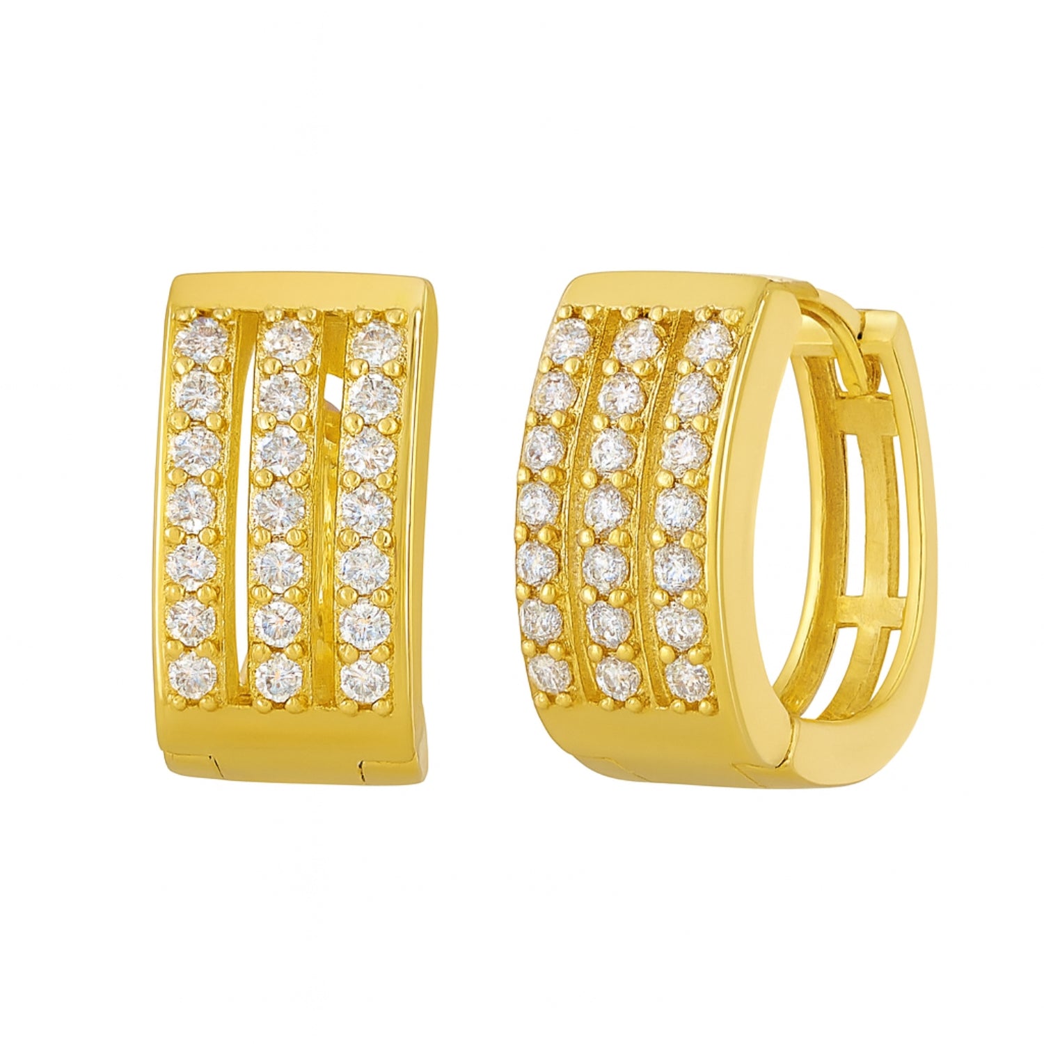 Women’s Triple-Row Pavé Rectangle Huggie Hoop Earrings – Gold-Tone Bar Mini Hoops with Open Channel & Hinged Latch-Back, Lightweight Everyday Sparkle