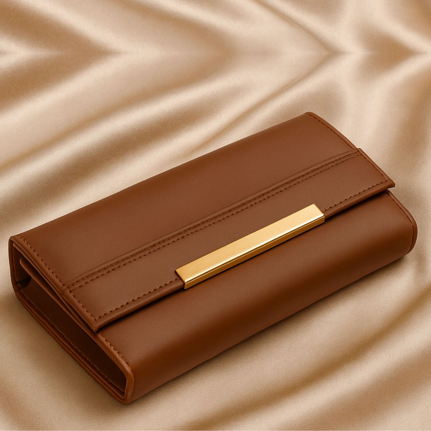 Sage Sleek Clutch with Gold Accent Bar – Minimalist Elegance