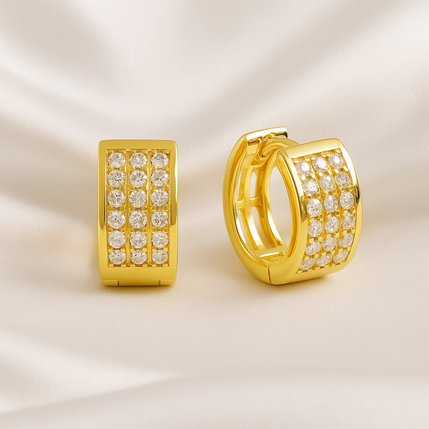 Women’s Triple-Row Pavé Rectangle Huggie Hoop Earrings – Gold-Tone Bar Mini Hoops with Open Channel & Hinged Latch-Back, Lightweight Everyday Sparkle