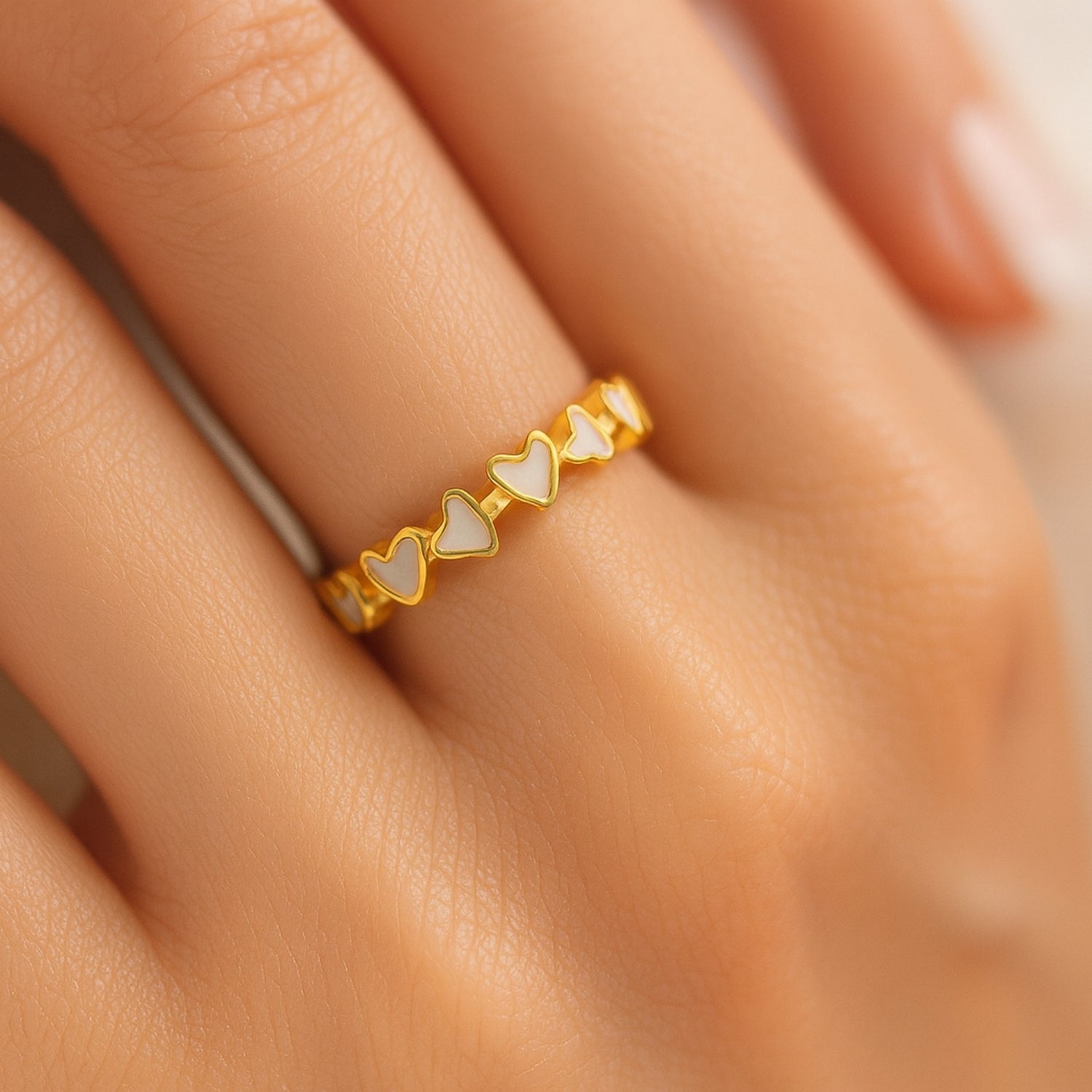 Gold-Tone Adjustable Heart Stack Ring for Women & Girls – White Enamel Inlay, Open Band Fashion Jewelry