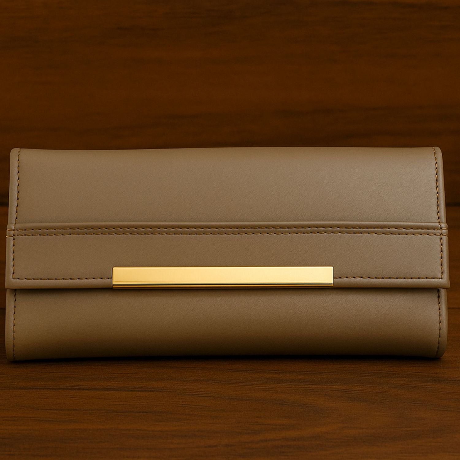 Sage Sleek Clutch with Gold Accent Bar – Minimalist Elegance