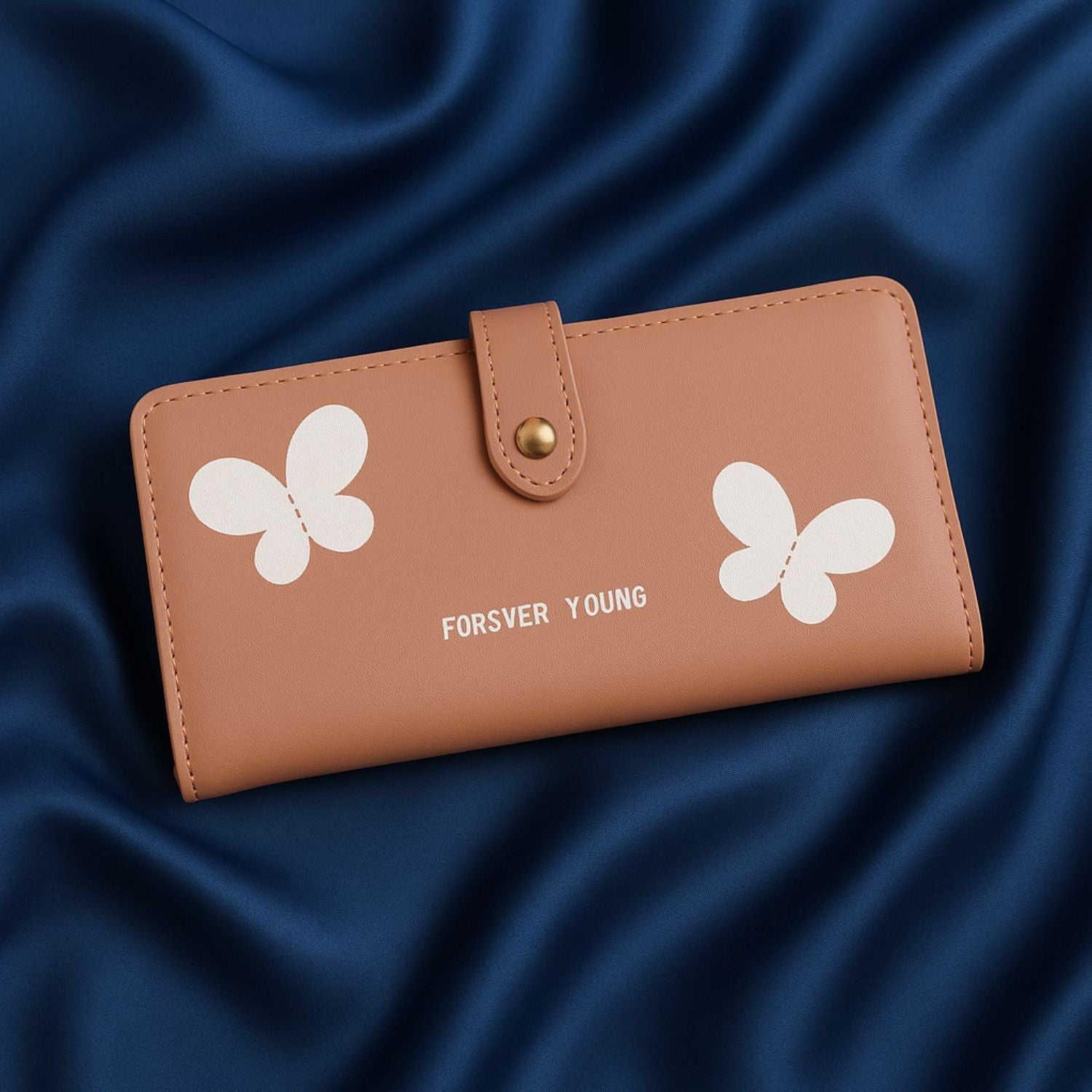 Women’s Butterfly Long Wallet – PU Leather Clutch with Removable Zipper Compartment, 12+ Card Slots, ID Window & Strap Snap Closure (Peach Pink)