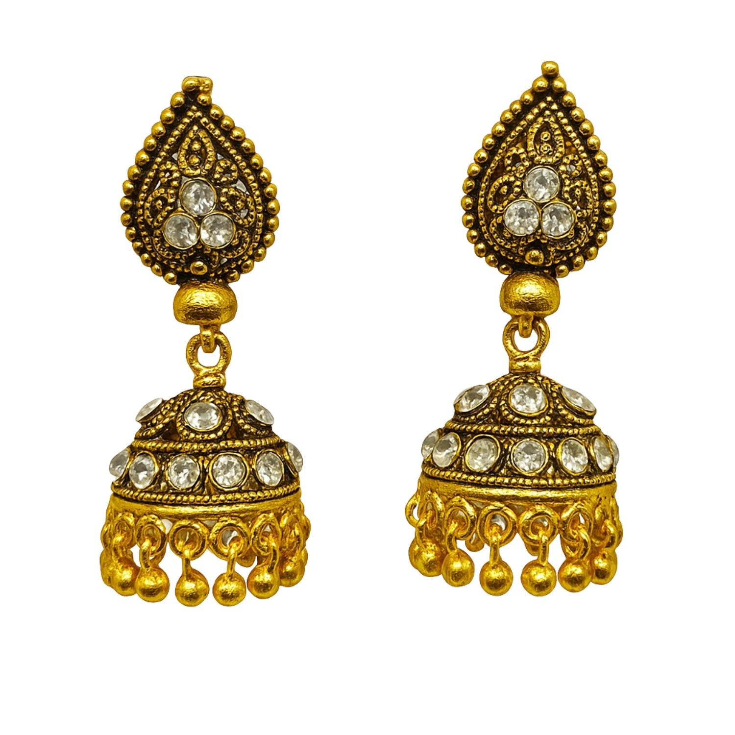 Antique Golden (Mini) Jhumka Earrings for Women & Girls | White Stone Floral Design | Traditional Indian Wedding & Festive Jewellery | Lightweight Ethnic Jhumki with Dangling Beads