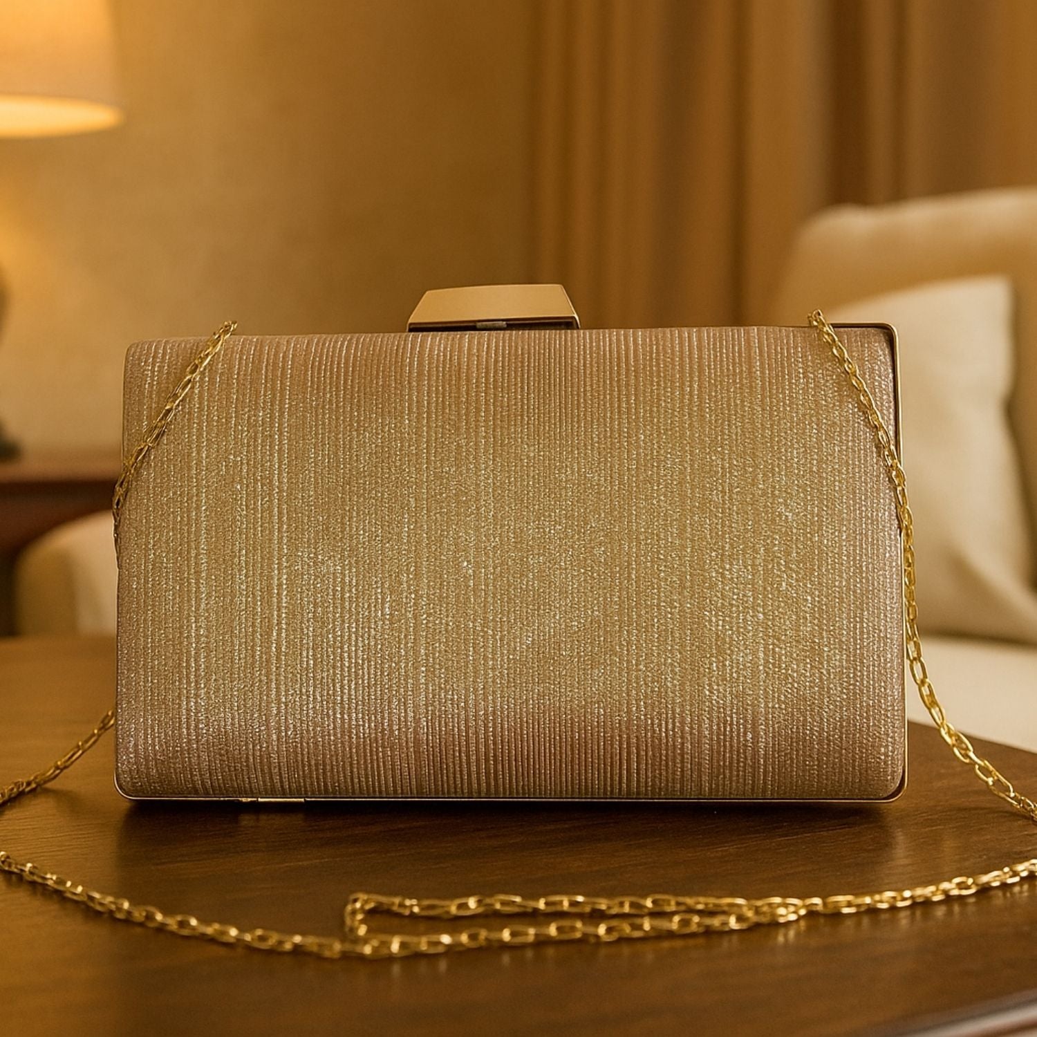 Champagne Gold Glitter Clutch – Radiant Evening Handbag for Women