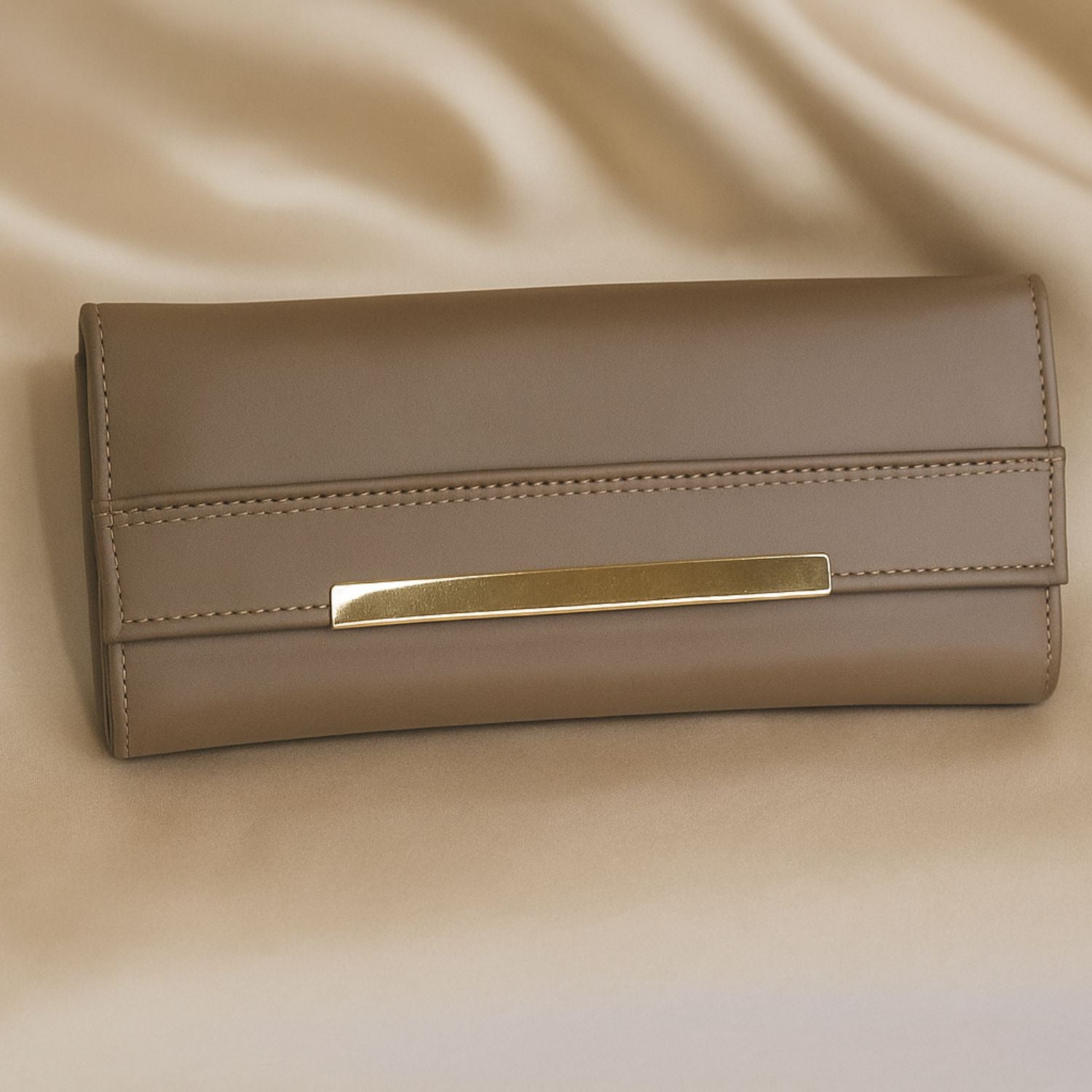 Sage Sleek Clutch with Gold Accent Bar – Minimalist Elegance