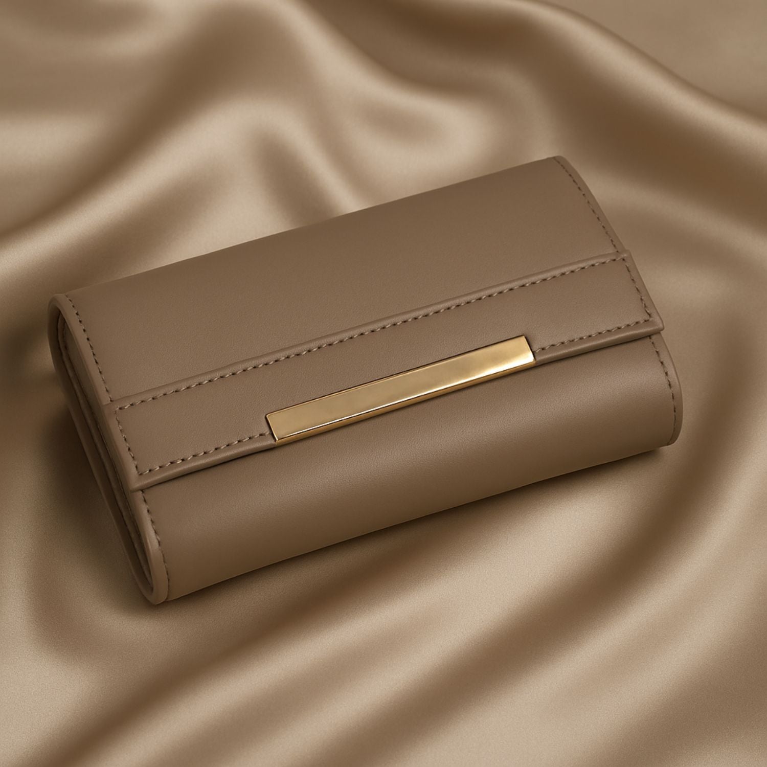 Sage Sleek Clutch with Gold Accent Bar – Minimalist Elegance