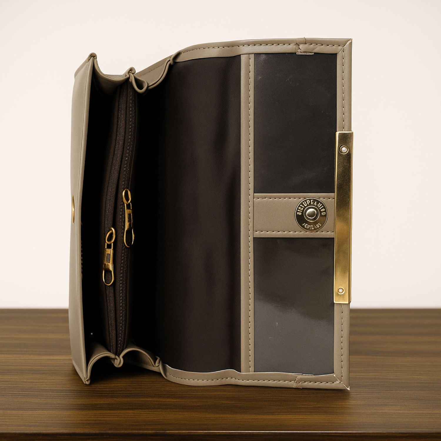 Sage Sleek Clutch with Gold Accent Bar – Minimalist Elegance