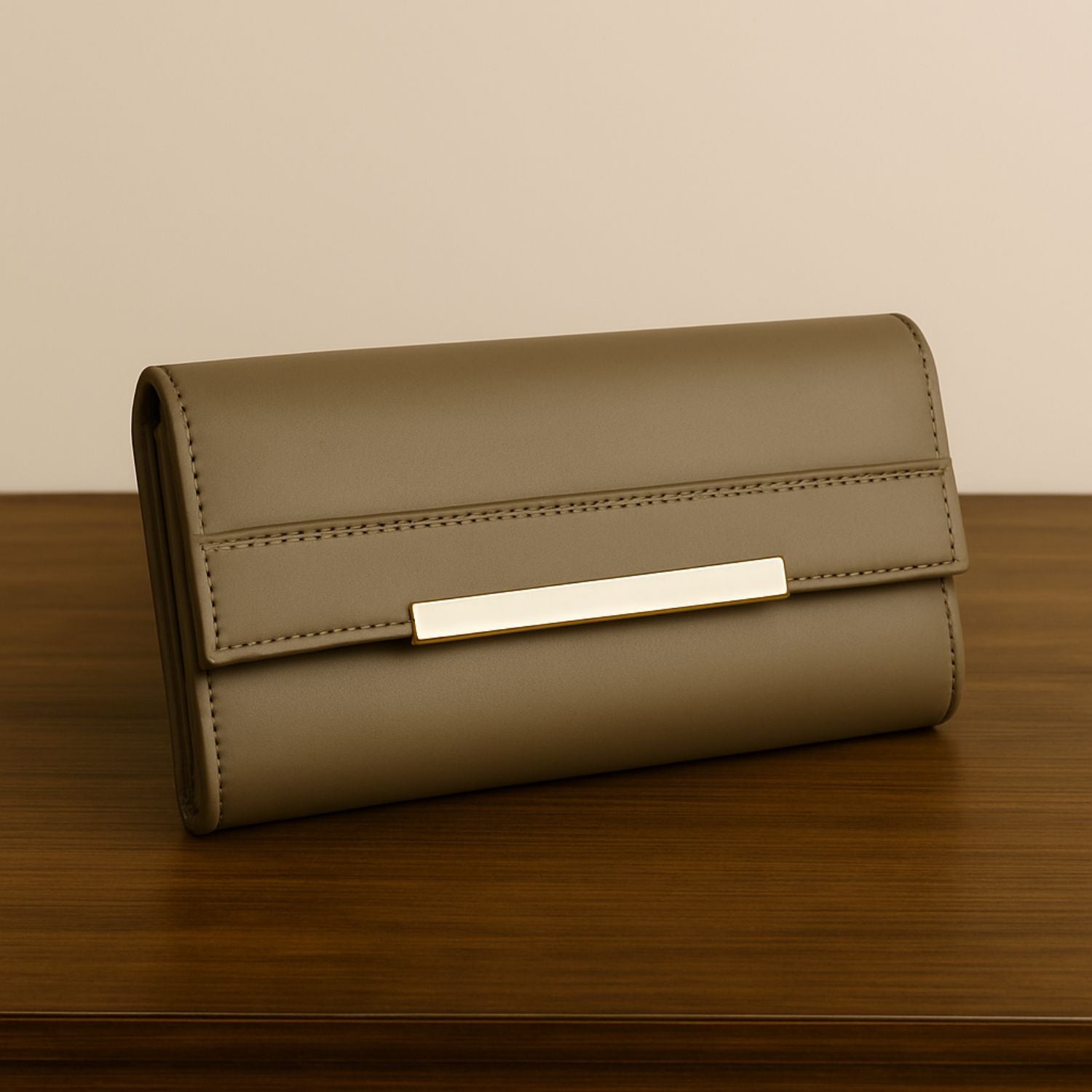 Sage Sleek Clutch with Gold Accent Bar – Minimalist Elegance