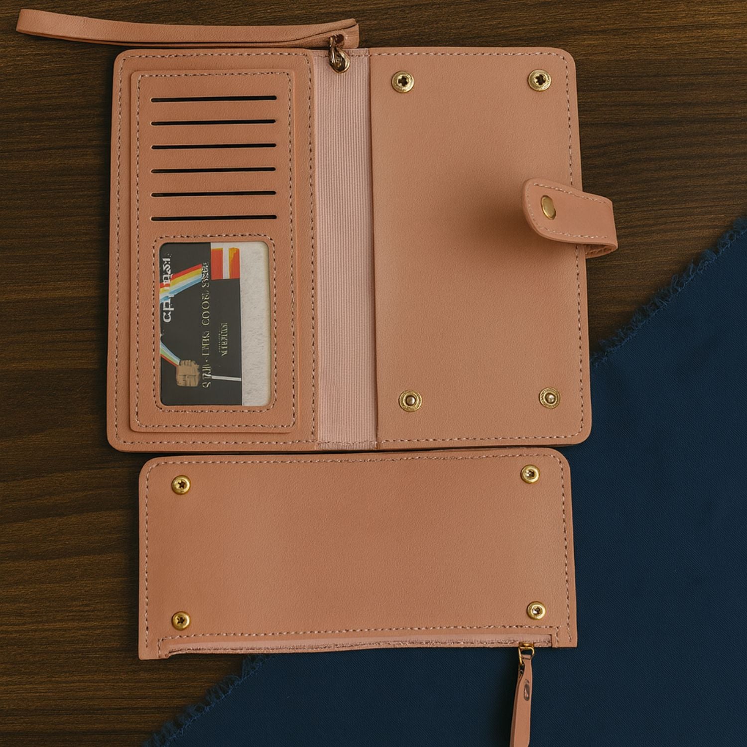 Women’s Butterfly Long Wallet – PU Leather Clutch with Removable Zipper Compartment, 12+ Card Slots, ID Window & Strap Snap Closure (Peach Pink)