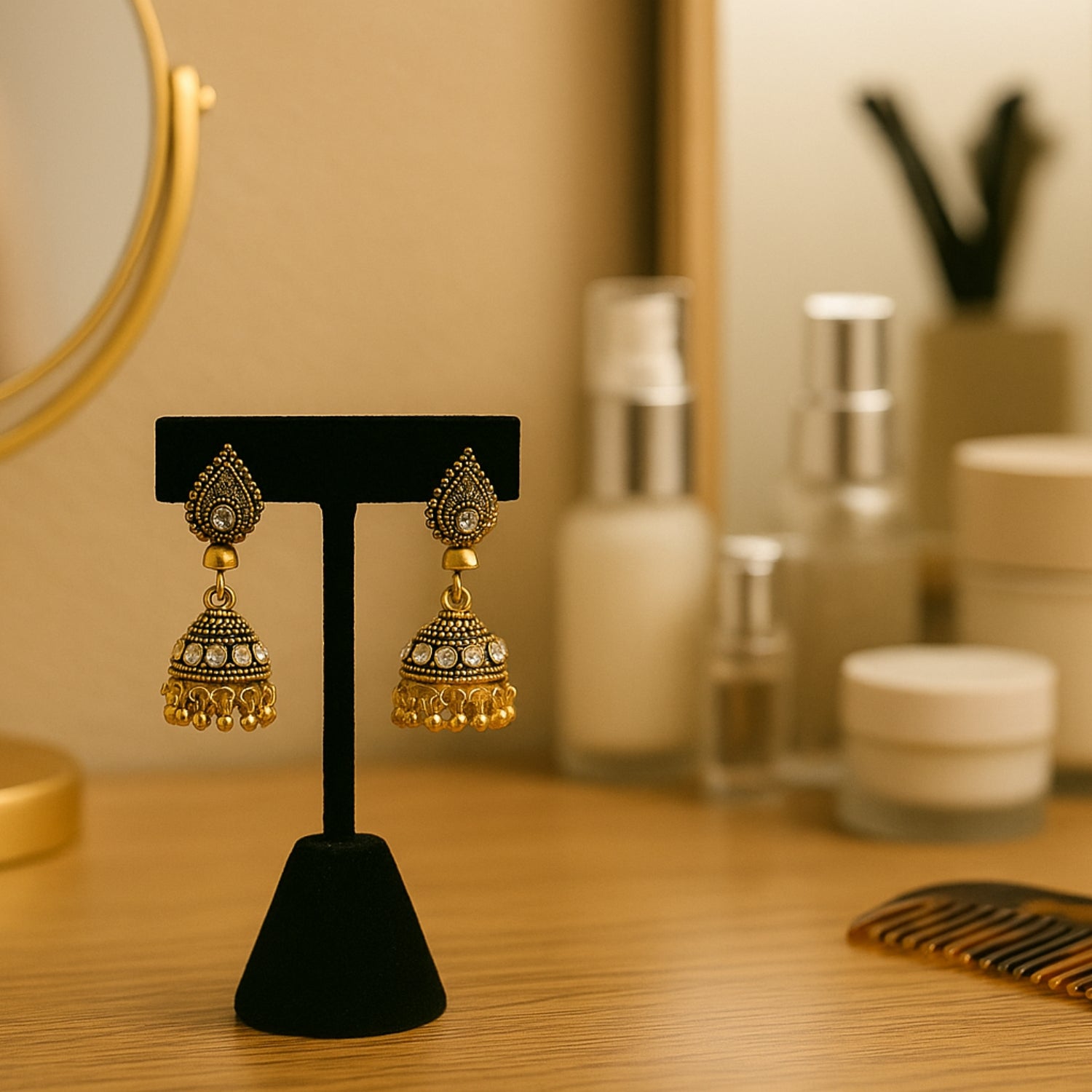 Antique Golden (Mini) Jhumka Earrings for Women & Girls | White Stone Floral Design | Traditional Indian Wedding & Festive Jewellery | Lightweight Ethnic Jhumki with Dangling Beads