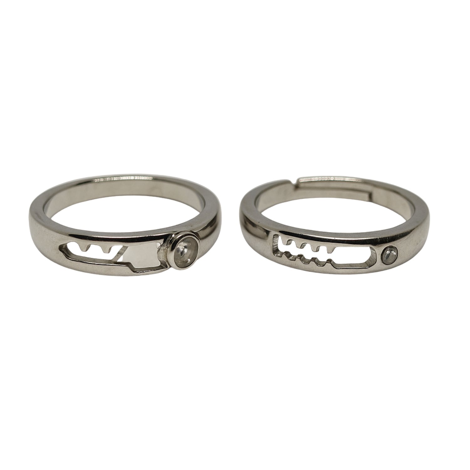 Adjustable Couple Rings Set for Him & Her – Silver-Tone Key & Heart Design with CZ Accent, Open Band Promise Rings for Couples, Matching Anniversary/Valentine Gift