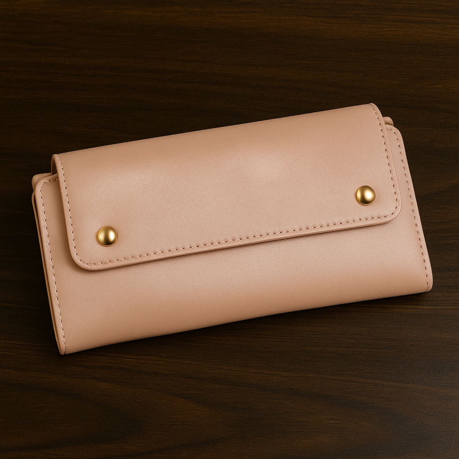 Women’s Long Wallet Clutch – Glossy PU Leather with Removable Zip Pouch, 10+ Card Slots, ID Window & Multi-Snap Closure (Blush Pink)