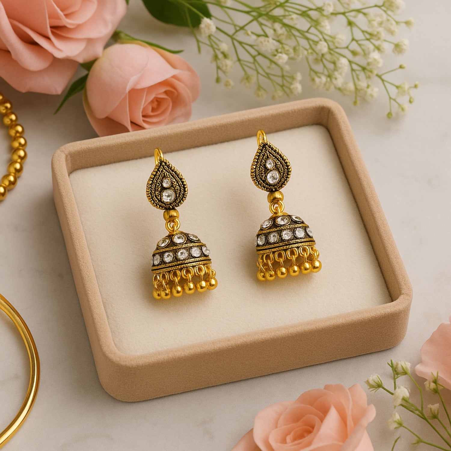 Antique Golden (Mini) Jhumka Earrings for Women & Girls | White Stone Floral Design | Traditional Indian Wedding & Festive Jewellery | Lightweight Ethnic Jhumki with Dangling Beads