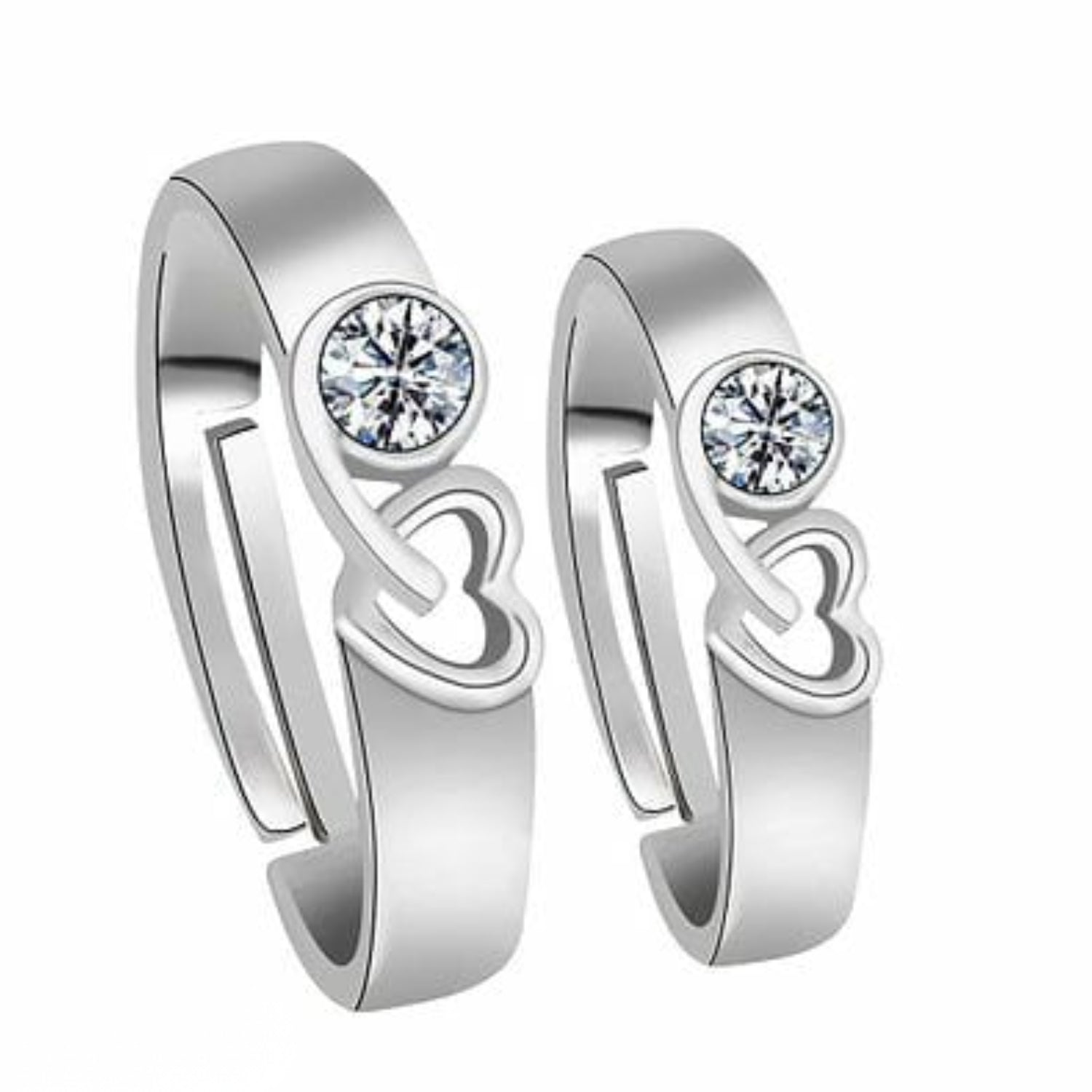 Couple Rings — Silver-Tone Bezel CZ with Interlocking Heart Detail (Pair)
