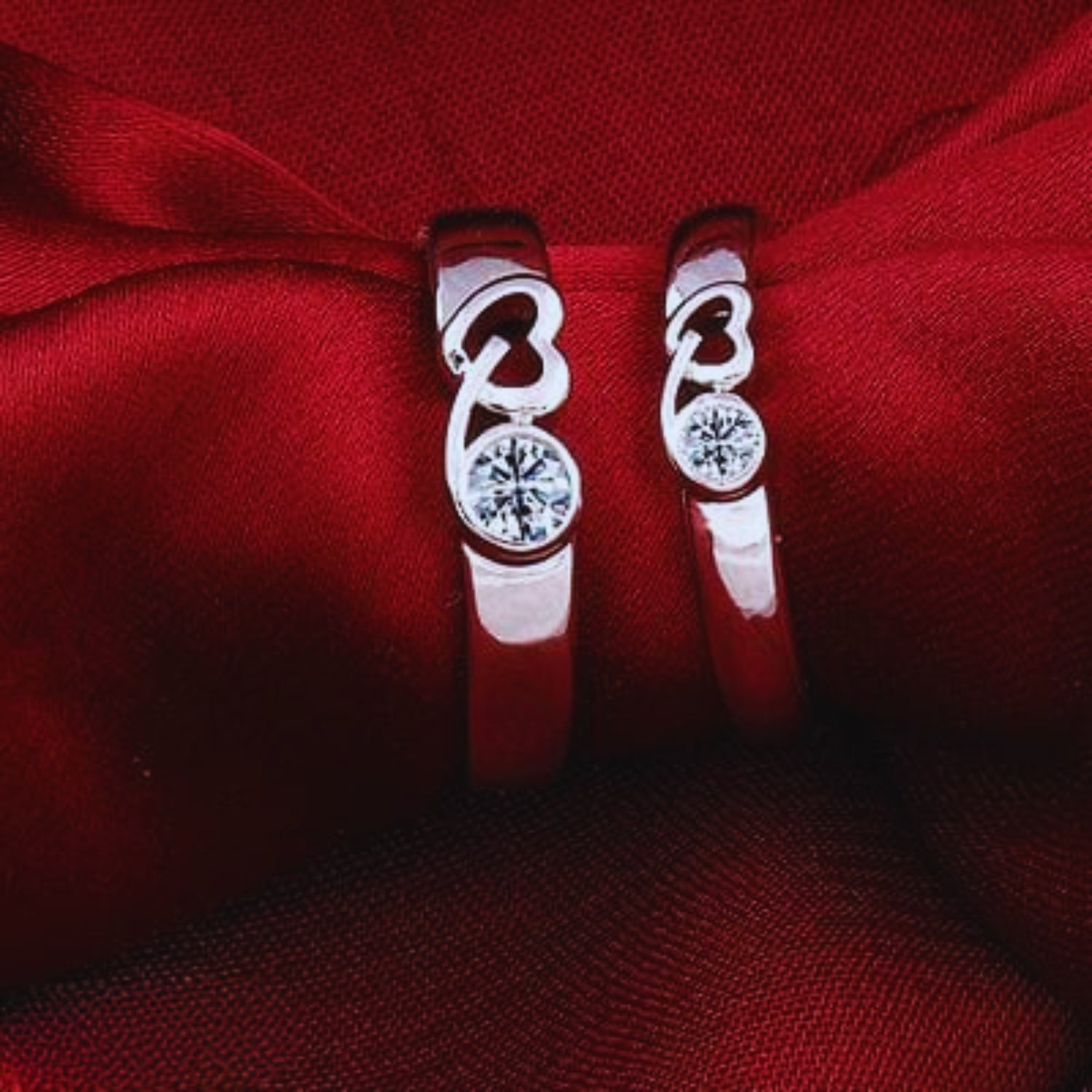 Couple Rings — Silver-Tone Bezel CZ with Interlocking Heart Detail (Pair)