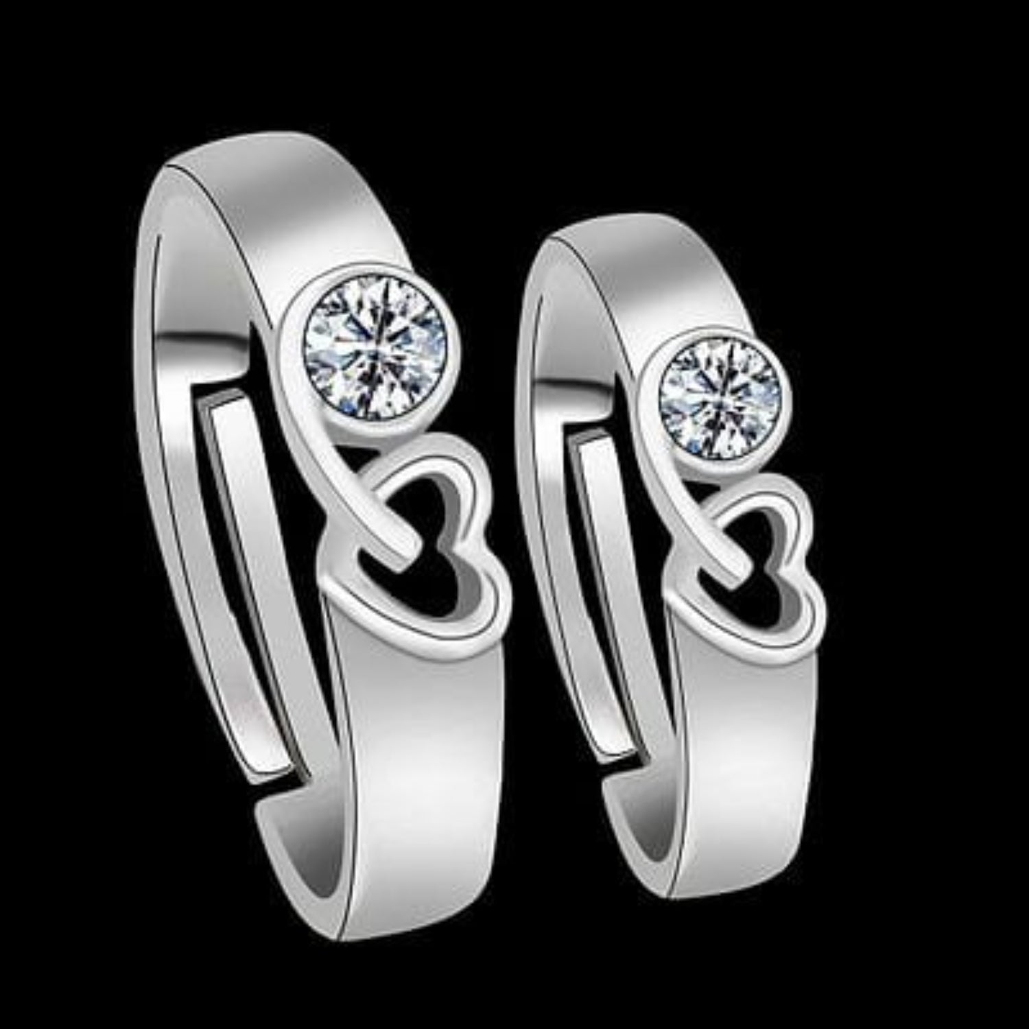 Couple Rings — Silver-Tone Bezel CZ with Interlocking Heart Detail (Pair)