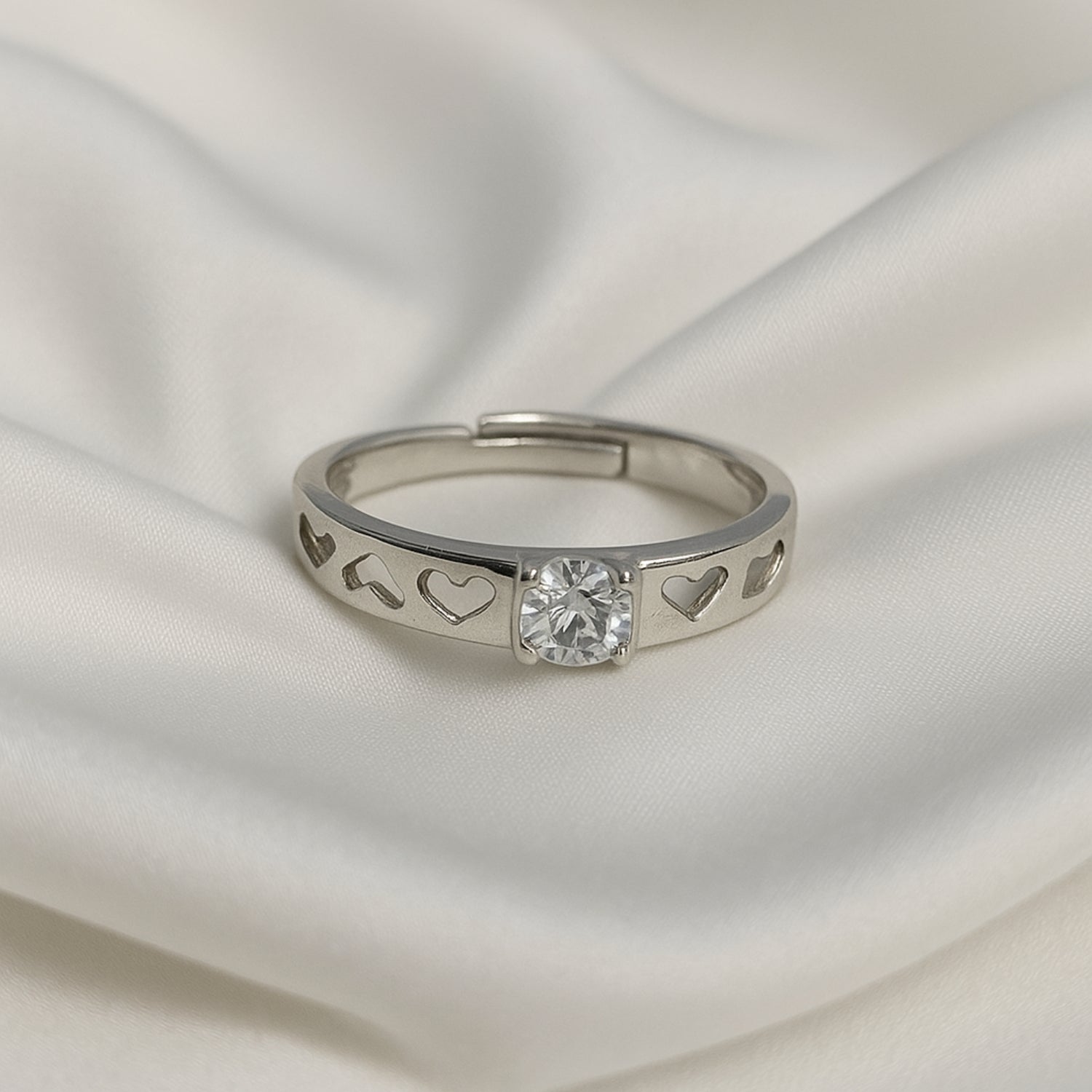 Adjustable Couple Rings (Pair) – Silver-Tone Bands with Heart Cut-Outs & Center CZ, Promise/Anniversary Set