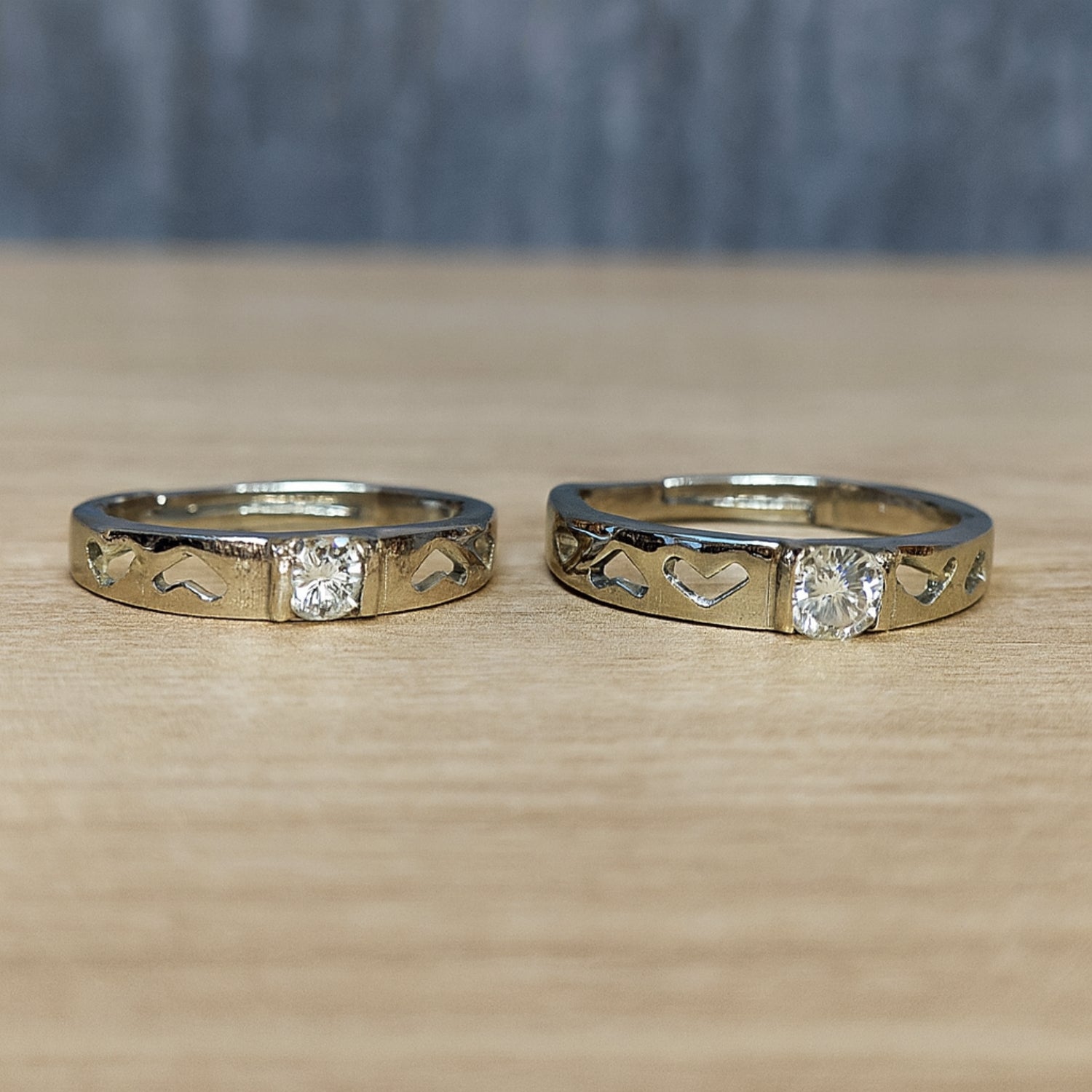 Adjustable Couple Rings (Pair) – Silver-Tone Bands with Heart Cut-Outs & Center CZ, Promise/Anniversary Set