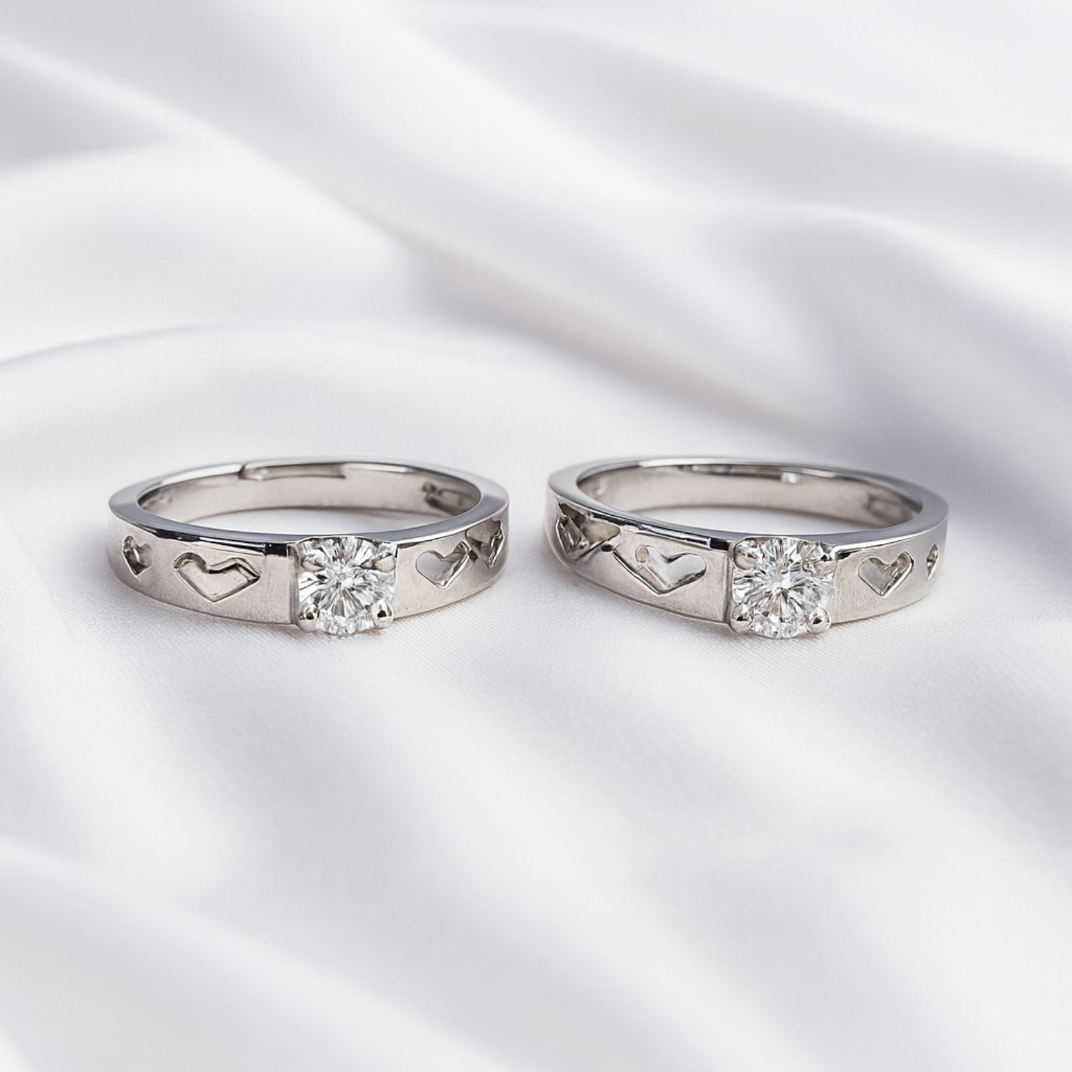 Adjustable Couple Rings (Pair) – Silver-Tone Bands with Heart Cut-Outs & Center CZ, Promise/Anniversary Set