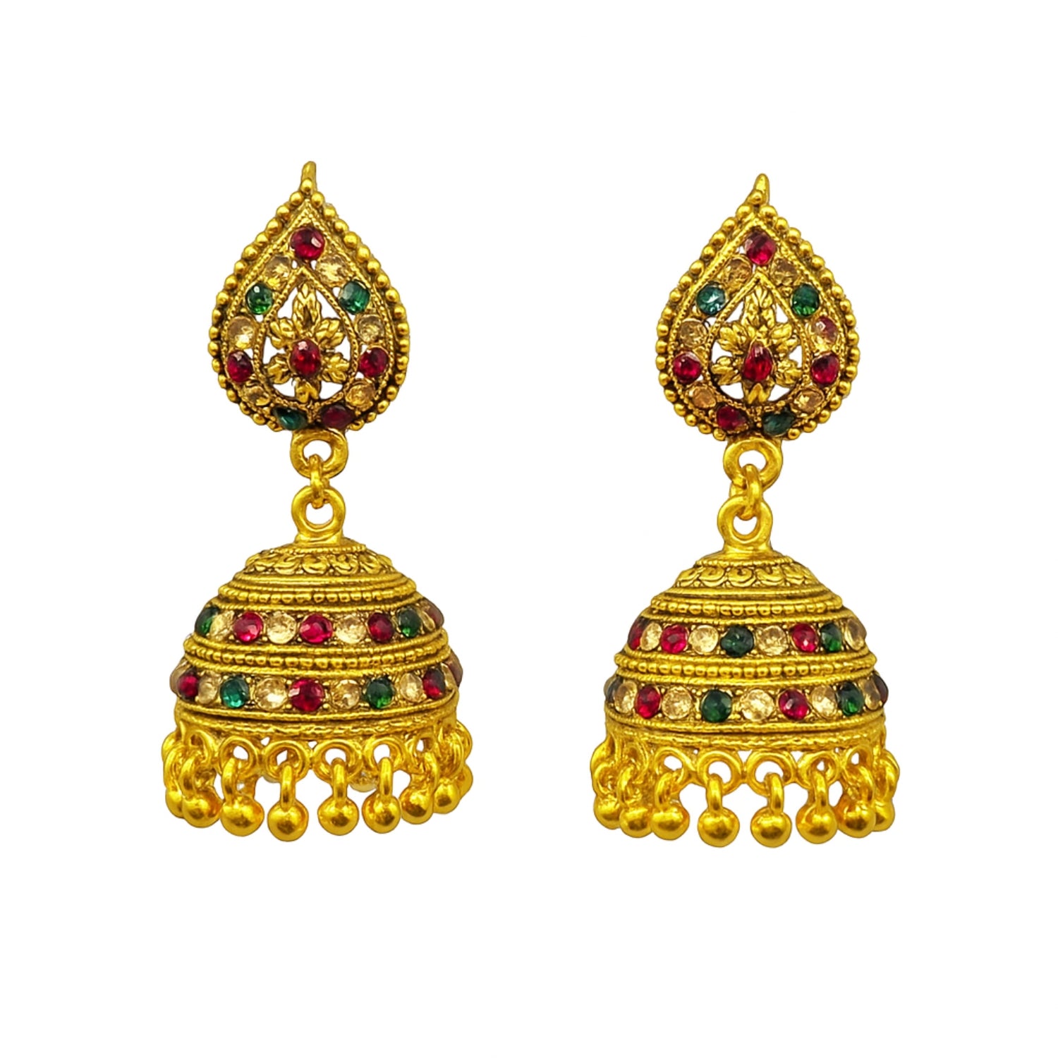 Antique Golden Heavy Multicolor Stone (Medium) Jhumka Earrings for Women & Girls | Traditional South Indian Temple Jewellery | Bridal & Festive Jhumki with Ghungroo Drops