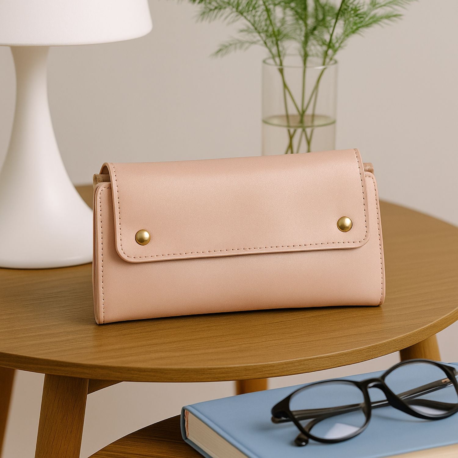 Women’s Long Wallet Clutch – Glossy PU Leather with Removable Zip Pouch, 10+ Card Slots, ID Window & Multi-Snap Closure (Blush Pink)