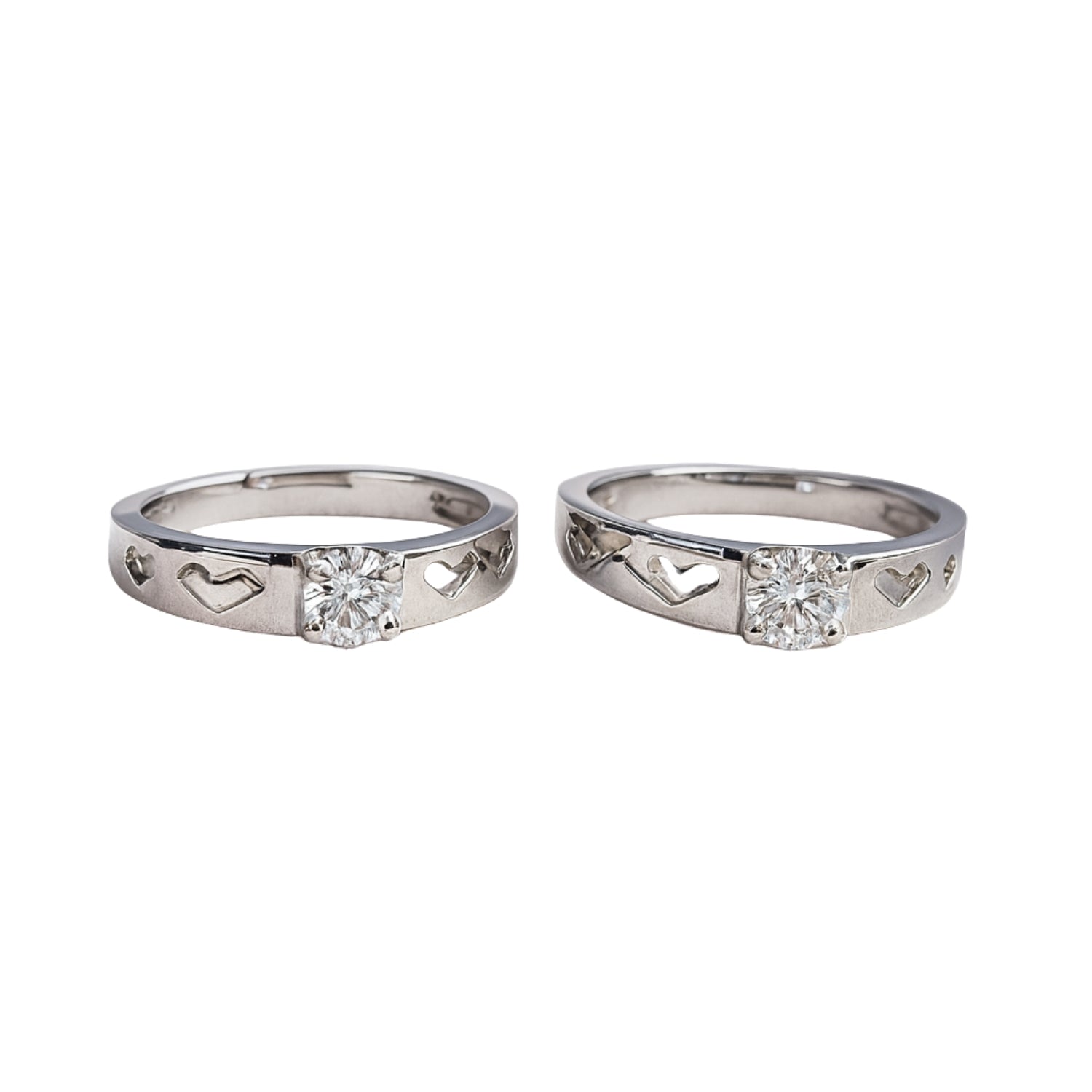 Adjustable Couple Rings (Pair) – Silver-Tone Bands with Heart Cut-Outs & Center CZ, Promise/Anniversary Set