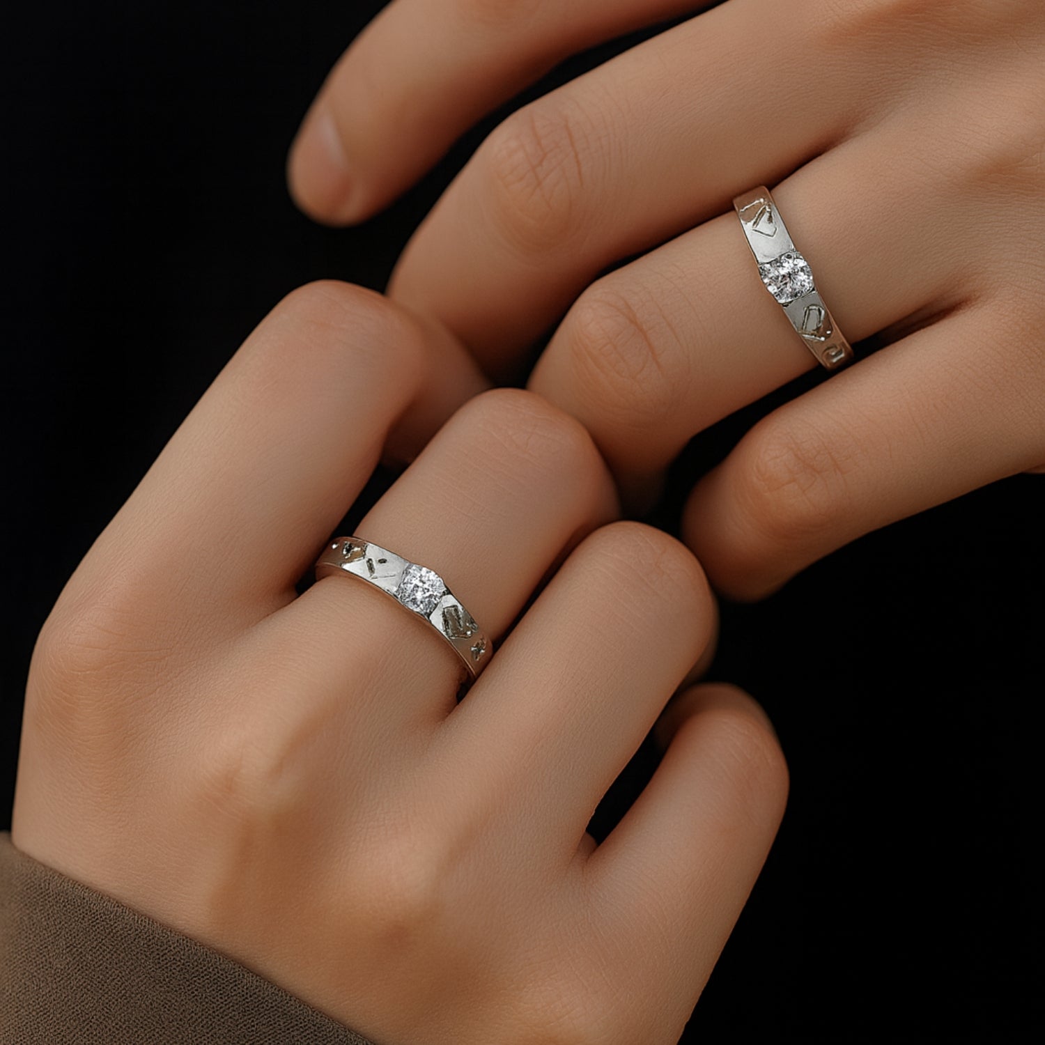 Adjustable Couple Rings (Pair) – Silver-Tone Bands with Heart Cut-Outs & Center CZ, Promise/Anniversary Set