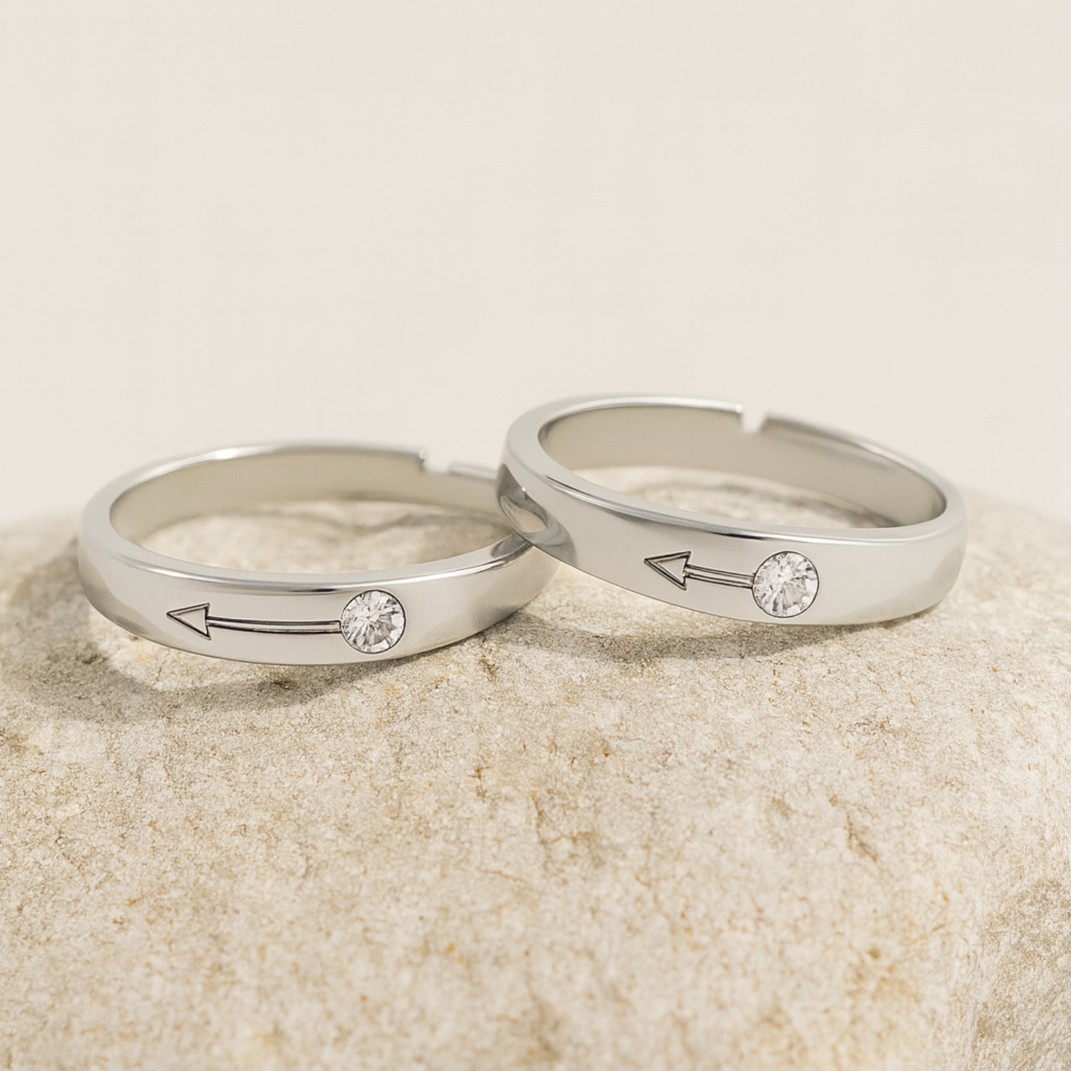 Adjustable Couple Rings (Pair) – Mirrored Arrow Bands with CZ, Silver-Tone Open Rings for Him & Her, Promise/Anniversary Gift