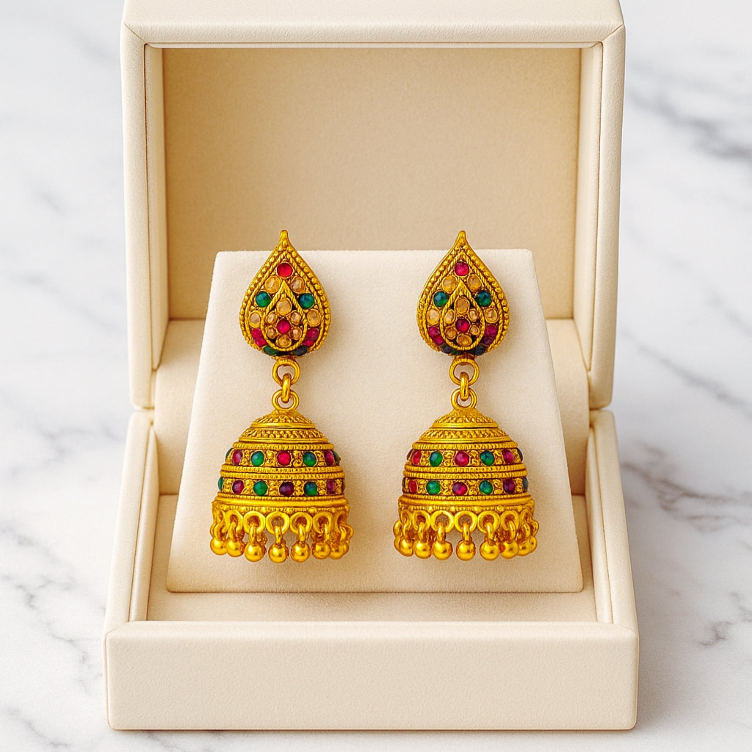 Antique Golden Heavy Multicolor Stone (Medium) Jhumka Earrings for Women & Girls | Traditional South Indian Temple Jewellery | Bridal & Festive Jhumki with Ghungroo Drops