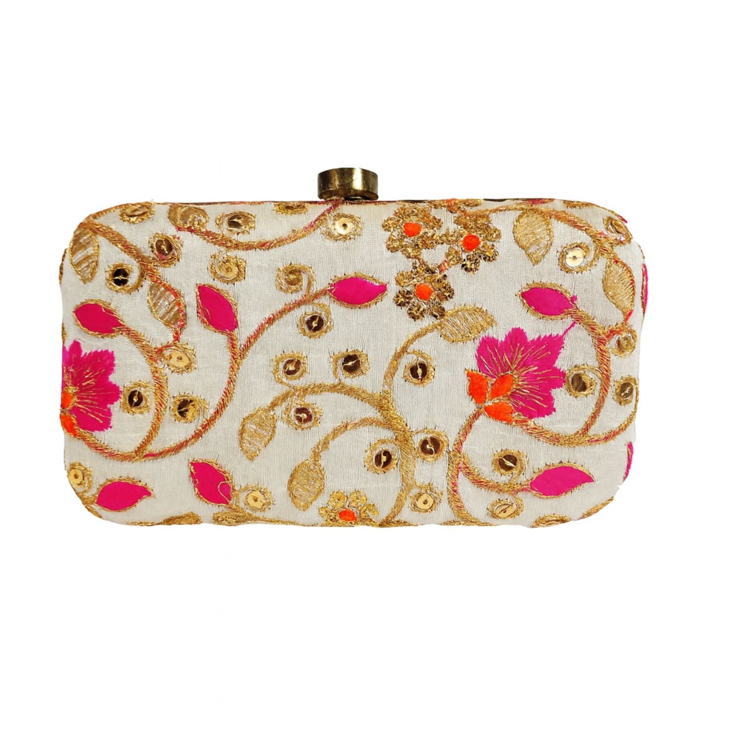 Women’s Embroidered Box Clutch – Zari & Sequin Work, Hard Case Evening Bag with Top Crystal Clasp & Detachable Gold Chain (Ivory/Gold, Pink Floral)