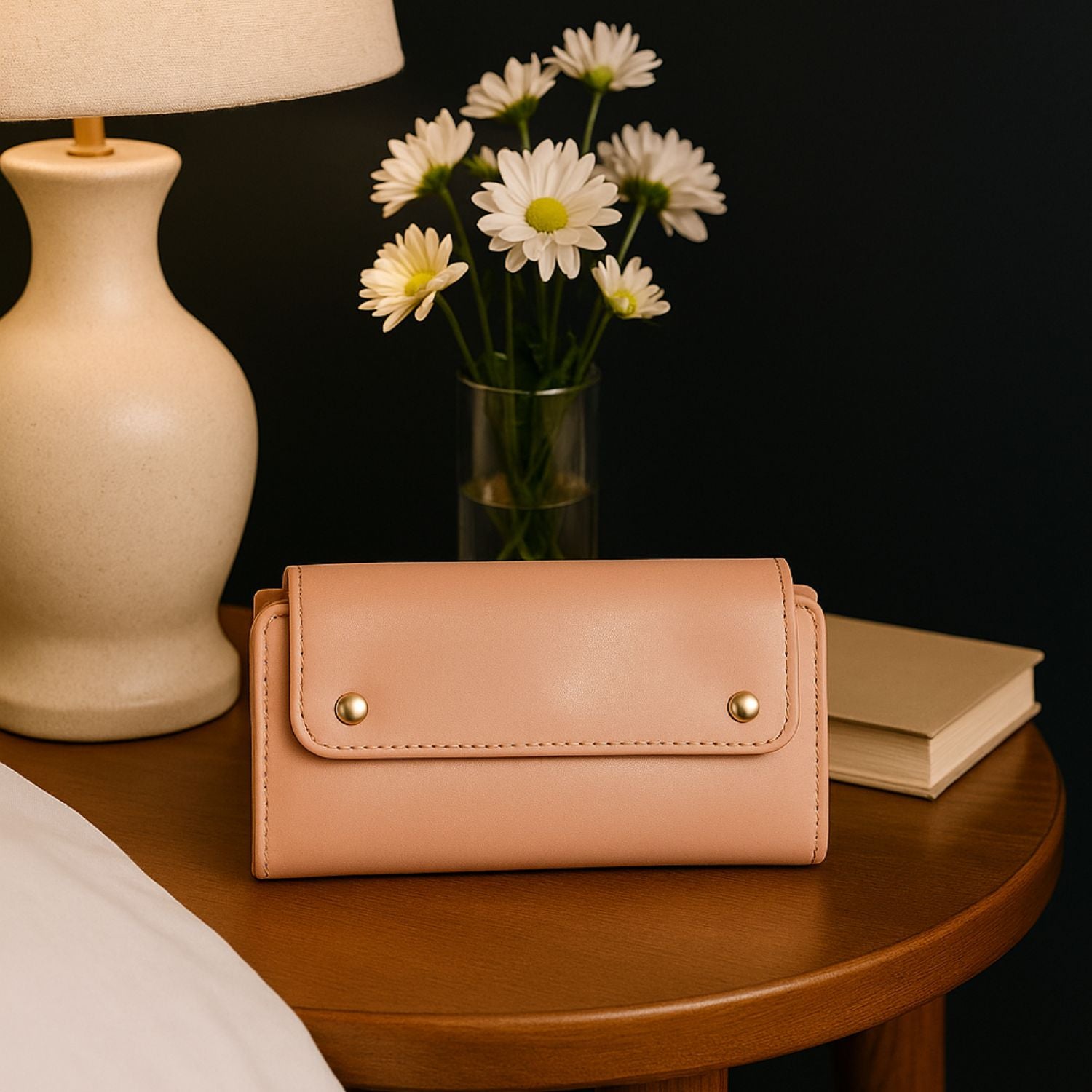 Women’s Long Wallet Clutch – Glossy PU Leather with Removable Zip Pouch, 10+ Card Slots, ID Window & Multi-Snap Closure (Blush Pink)