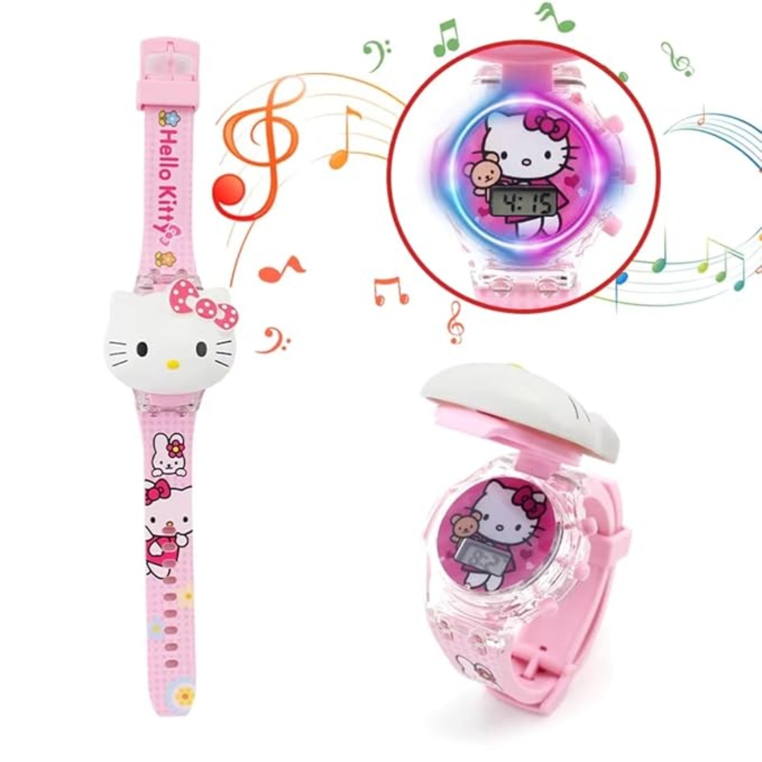 3D Kitty Cat Character Multicolored Glowing Light and Musical Digital Girl's Wrist Watch | Unique Cute Cartoon Character on Strap | Soft Silicone Strap | Suitable for Age 3-12 Year Kids