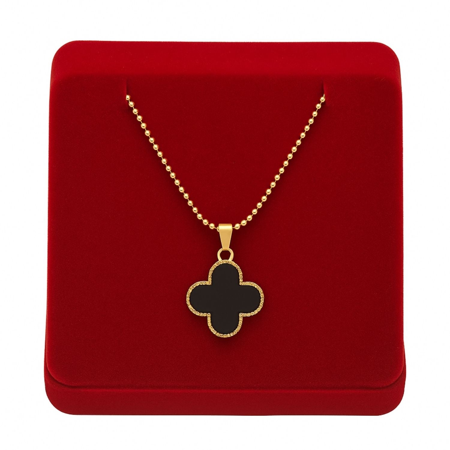 Elegant Black Clover Pendant – Gold-Tone Beaded Chain Necklace