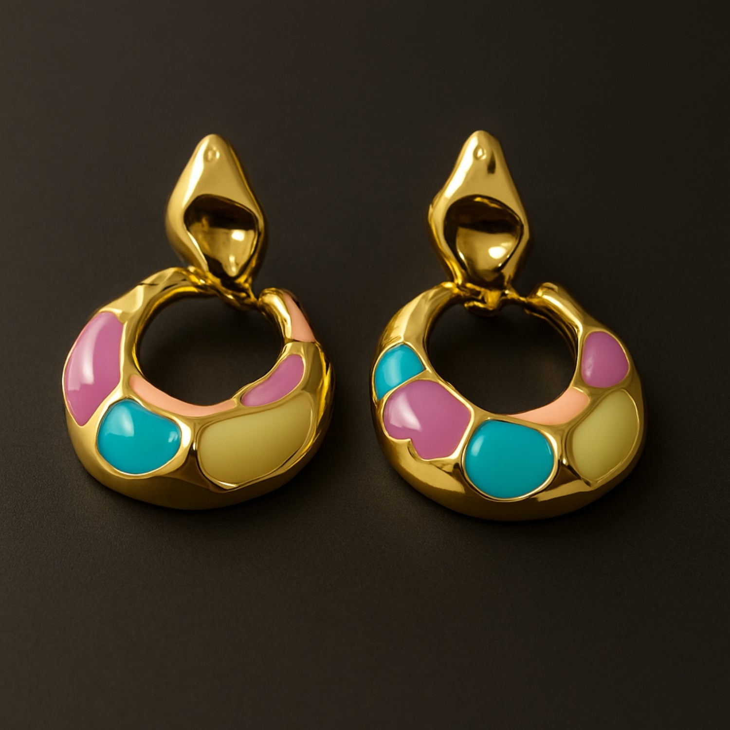 Women’s Pastel Enamel Hoop Drop Earrings – Gold-Tone Organic Molten Hoops with Stud Post, Lightweight Statement Dangles for Daily, Party & Festive Wear