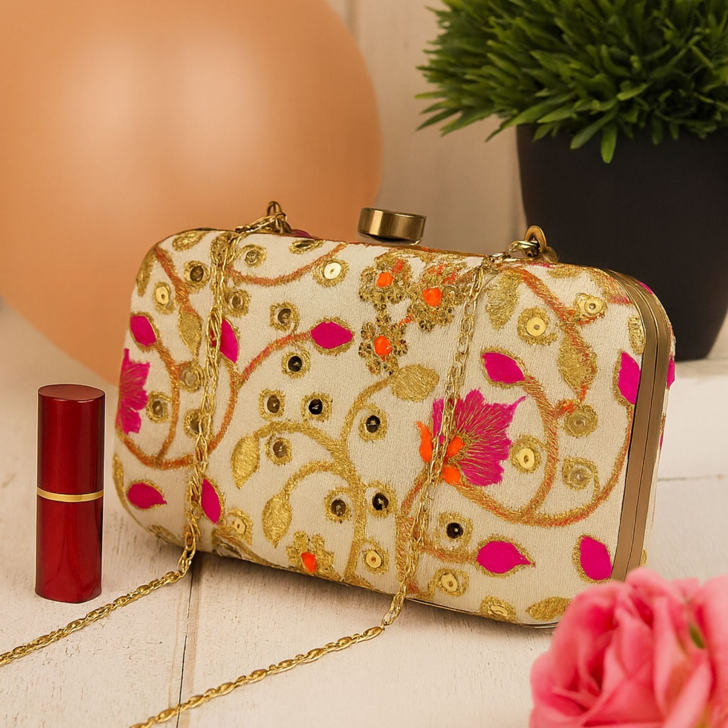 Women’s Embroidered Box Clutch – Zari & Sequin Work, Hard Case Evening Bag with Top Crystal Clasp & Detachable Gold Chain (Ivory/Gold, Pink Floral)