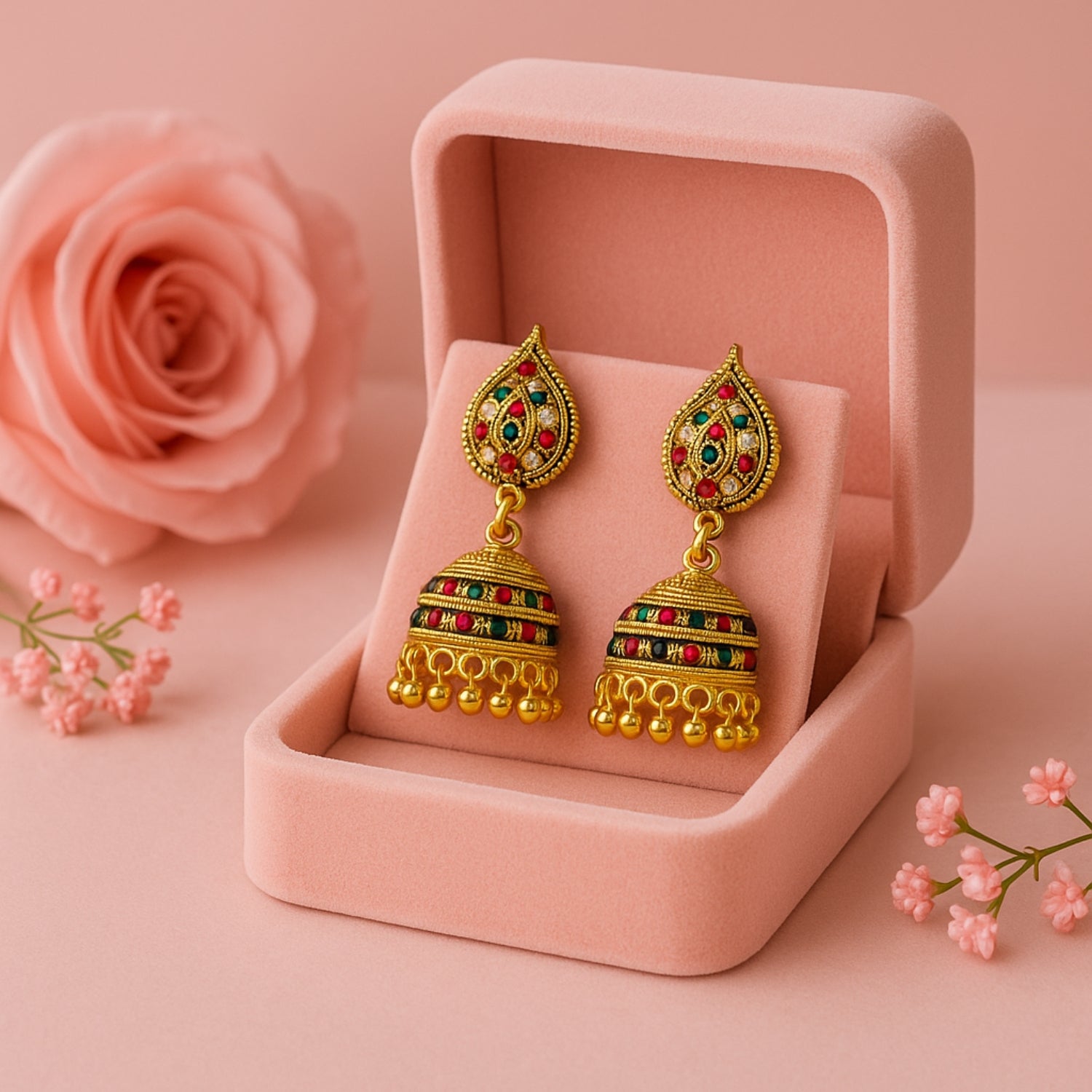 Antique Golden Heavy Multicolor Stone (Medium) Jhumka Earrings for Women & Girls | Traditional South Indian Temple Jewellery | Bridal & Festive Jhumki with Ghungroo Drops