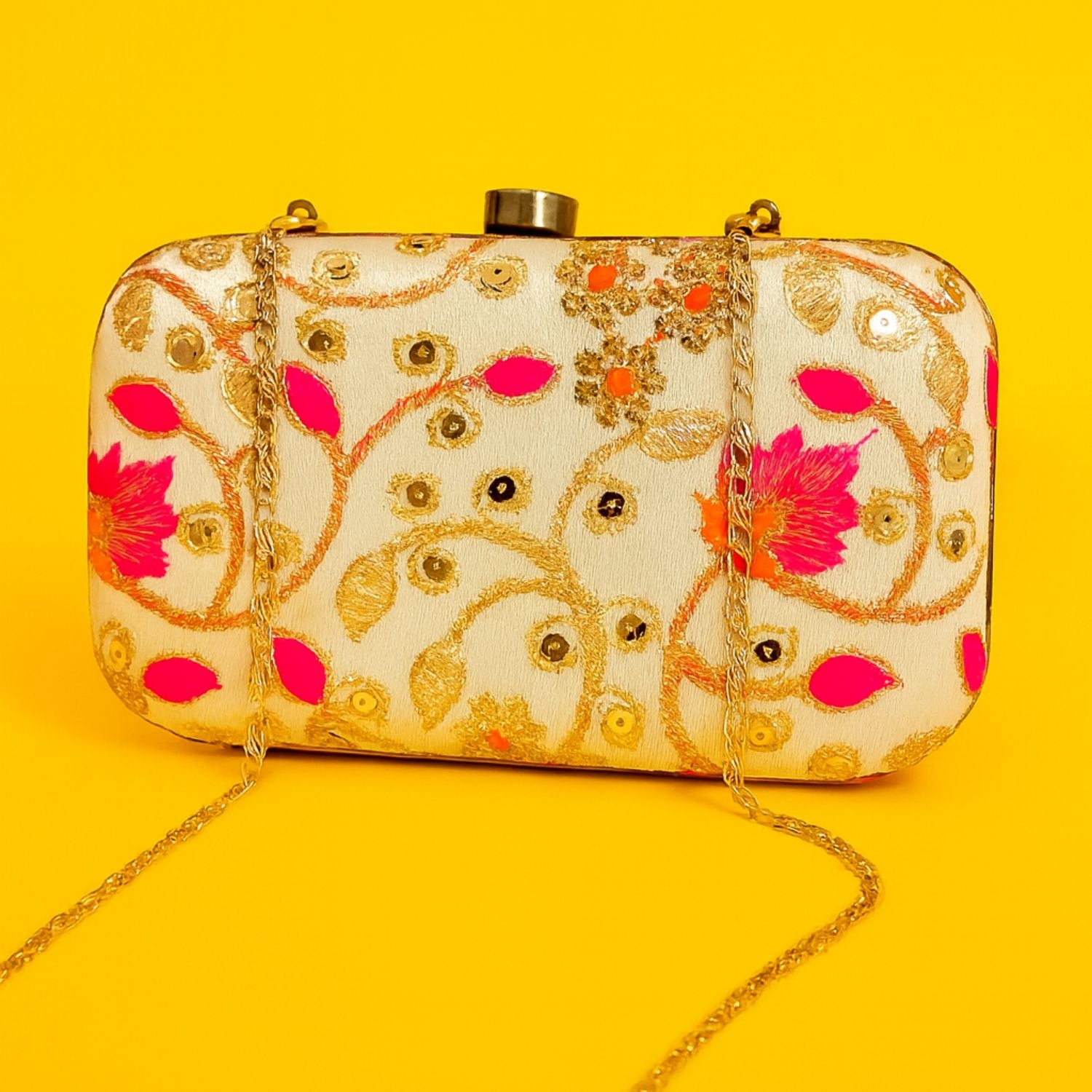 Women’s Embroidered Box Clutch – Zari & Sequin Work, Hard Case Evening Bag with Top Crystal Clasp & Detachable Gold Chain (Ivory/Gold, Pink Floral)
