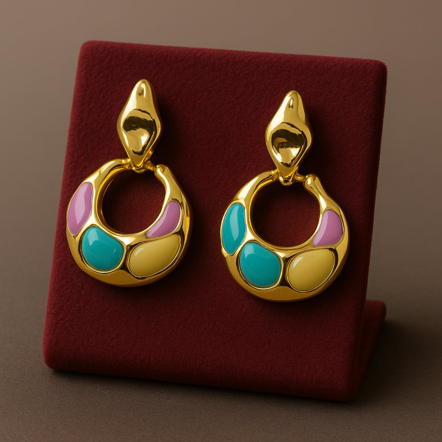 Women’s Pastel Enamel Hoop Drop Earrings – Gold-Tone Organic Molten Hoops with Stud Post, Lightweight Statement Dangles for Daily, Party & Festive Wear