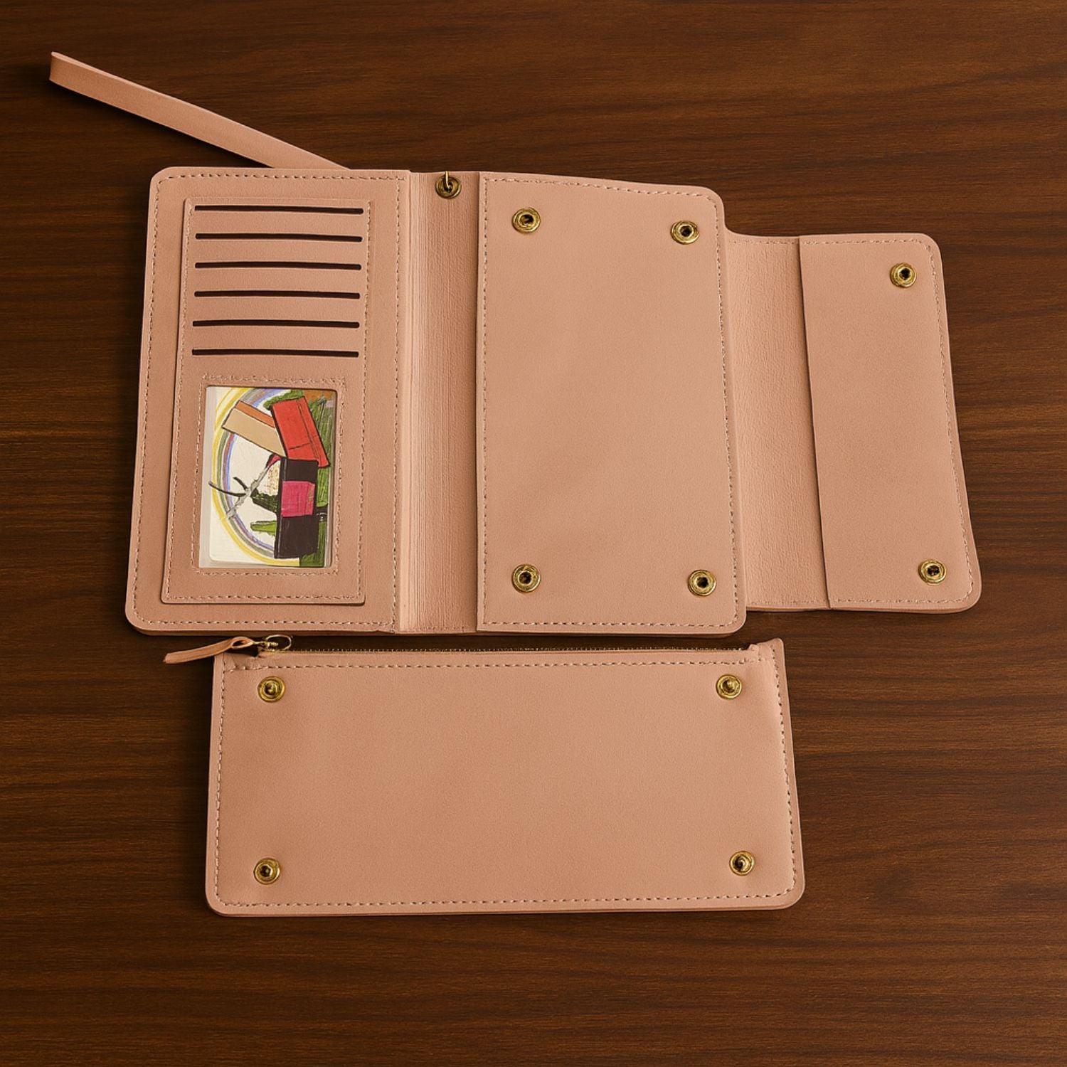 Women’s Long Wallet Clutch – Glossy PU Leather with Removable Zip Pouch, 10+ Card Slots, ID Window & Multi-Snap Closure (Blush Pink)