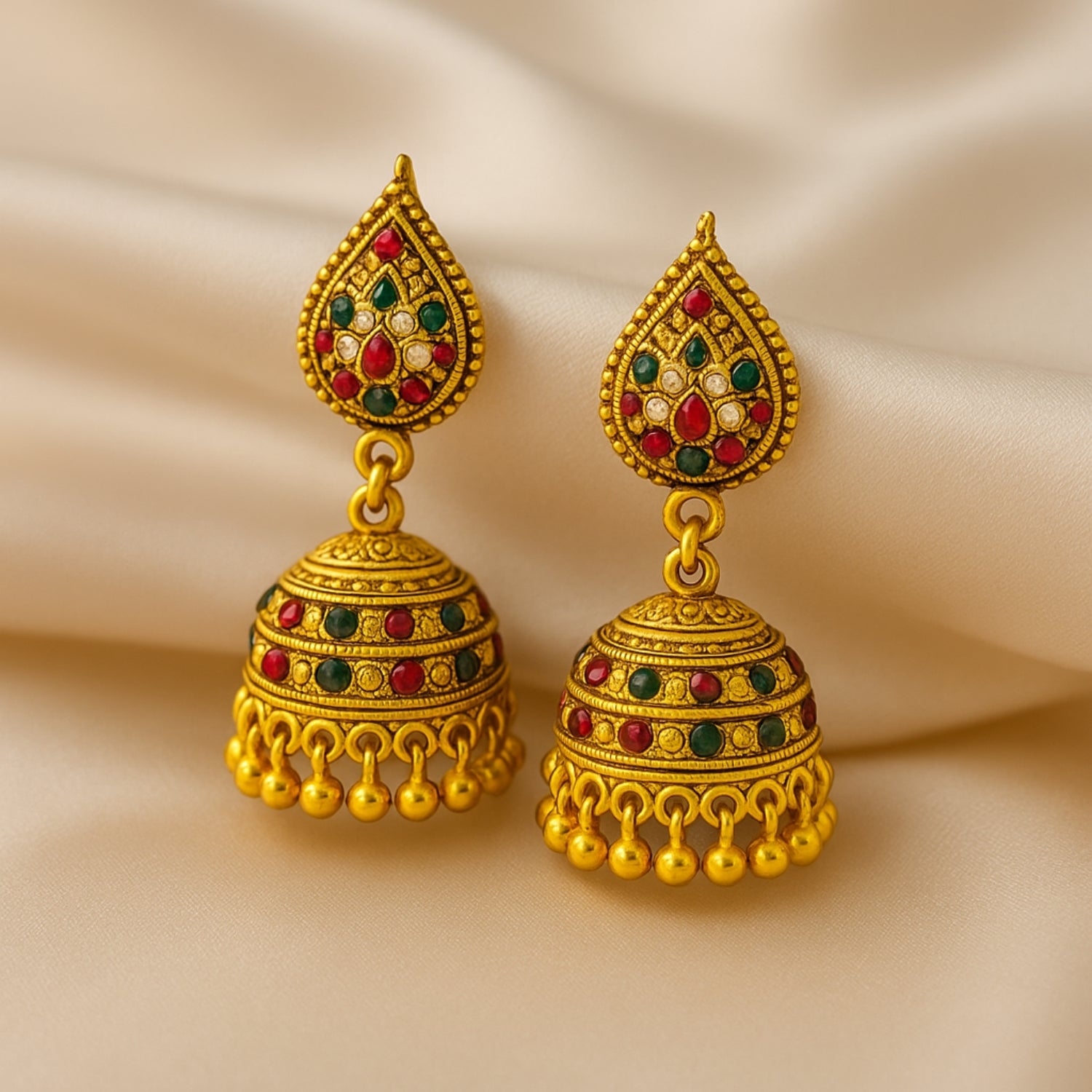 Antique Golden Heavy Multicolor Stone (Medium) Jhumka Earrings for Women & Girls | Traditional South Indian Temple Jewellery | Bridal & Festive Jhumki with Ghungroo Drops
