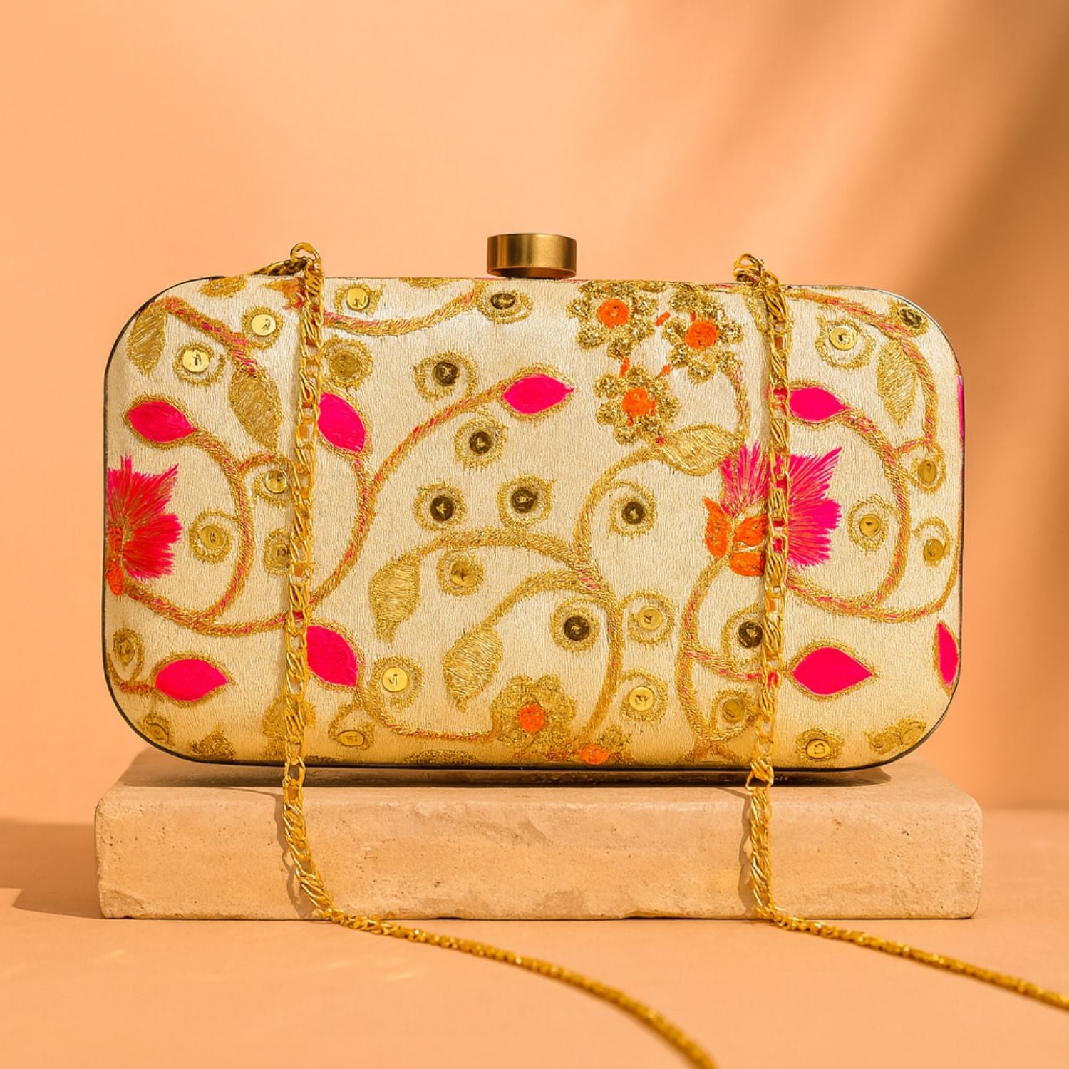 Women’s Embroidered Box Clutch – Zari & Sequin Work, Hard Case Evening Bag with Top Crystal Clasp & Detachable Gold Chain (Ivory/Gold, Pink Floral)
