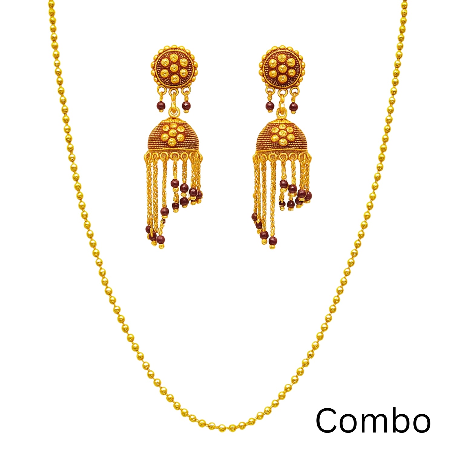 Antique Golden Bridal Jewelry Combo Set for Women & Girls | Long Chain (Large) Jhumka Earrings with Matching Golden Beaded Chain | Temple Jewellery Set | Wedding & Festive Wear