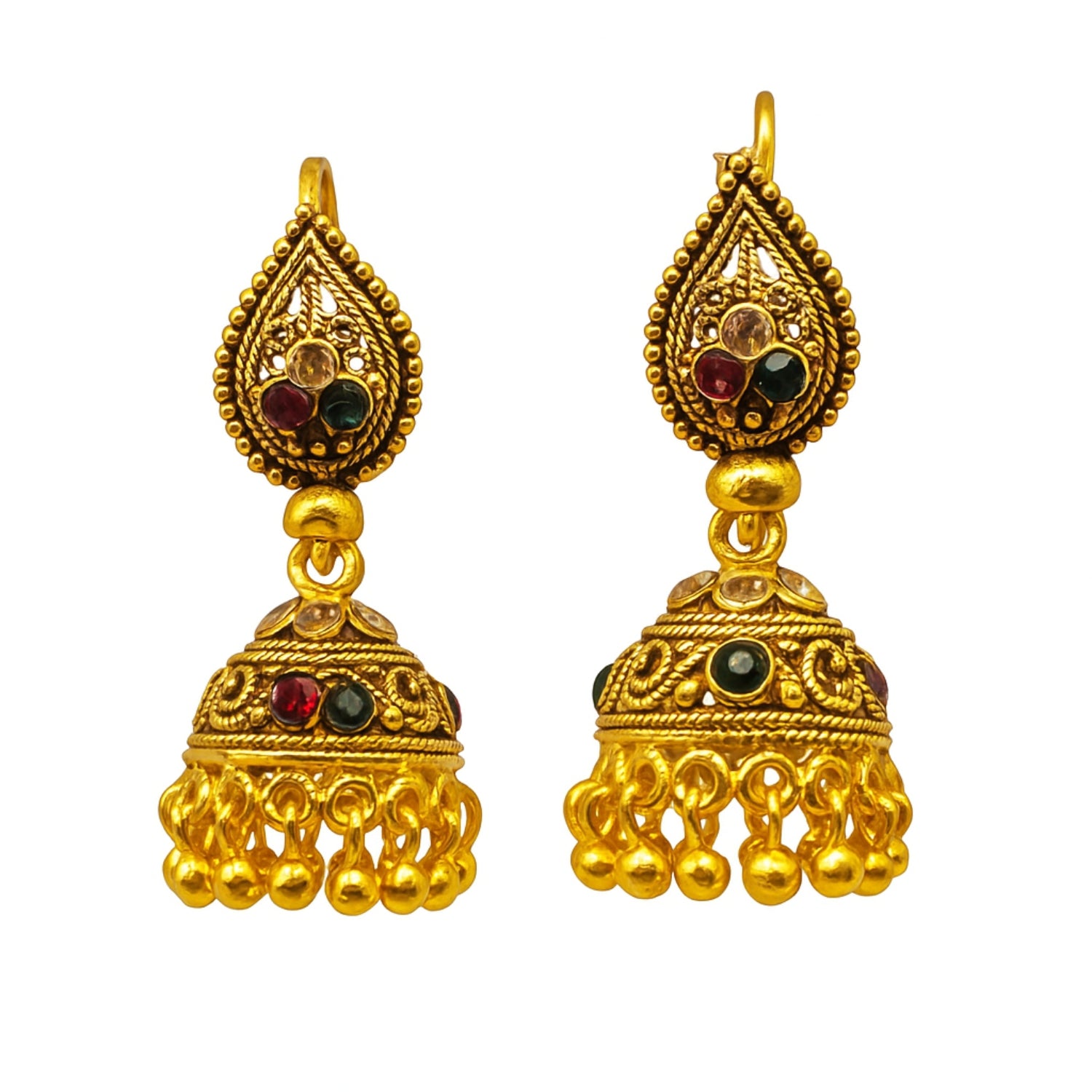 Antique Golden (Mini) Multicolor Stone Jhumka Earrings for Women & Girls | Temple Style Traditional Indian Jhumki | Festive & Wedding Jewellery | Lightweight