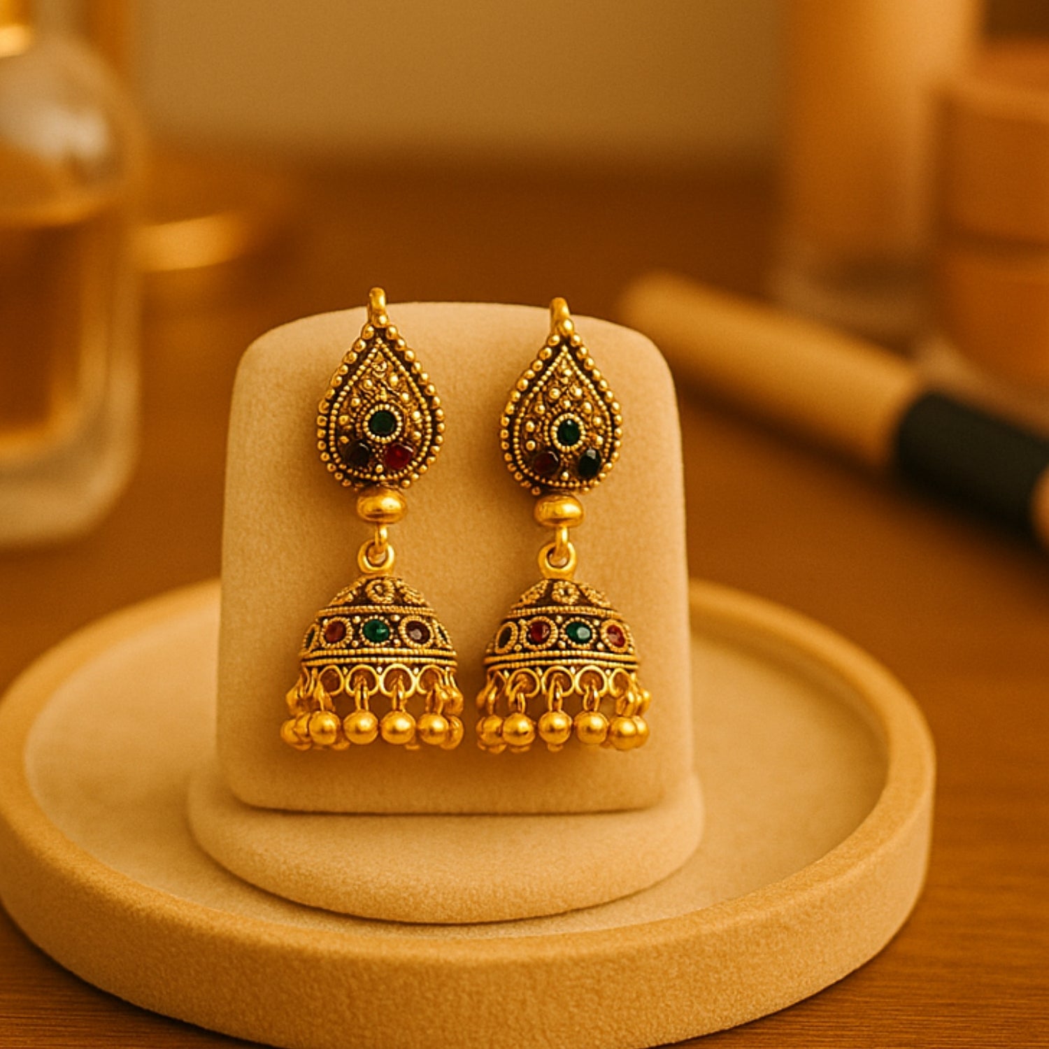 Antique Golden (Mini) Multicolor Stone Jhumka Earrings for Women & Girls | Temple Style Traditional Indian Jhumki | Festive & Wedding Jewellery | Lightweight