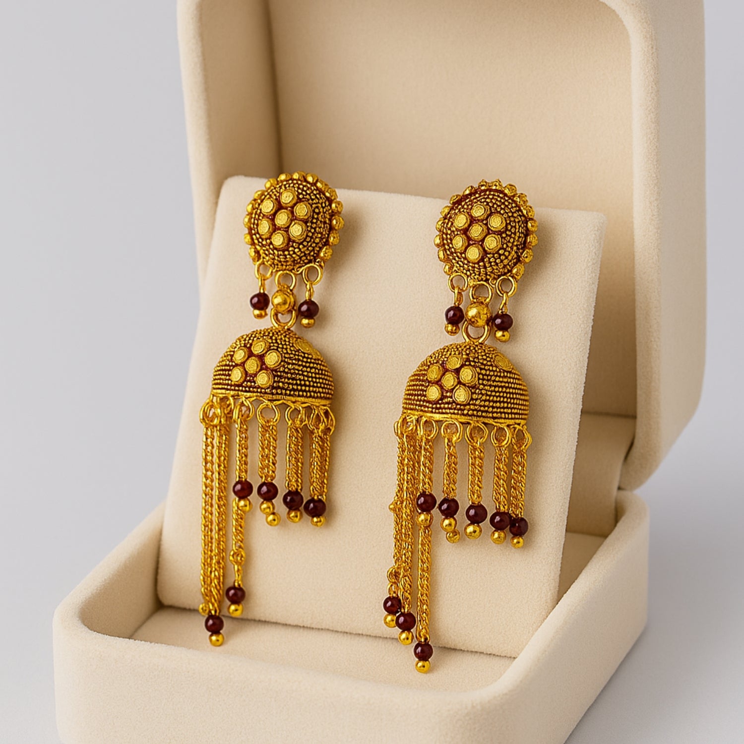 Antique Golden Bridal Jewelry Combo Set for Women & Girls | Long Chain (Large) Jhumka Earrings with Matching Golden Beaded Chain | Temple Jewellery Set | Wedding & Festive Wear