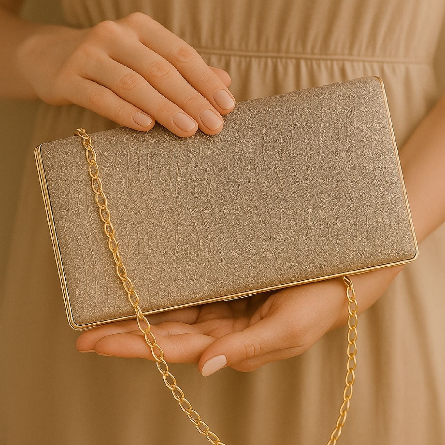 Champagne Gold Glitter Clutch – Radiant Evening Handbag for Women