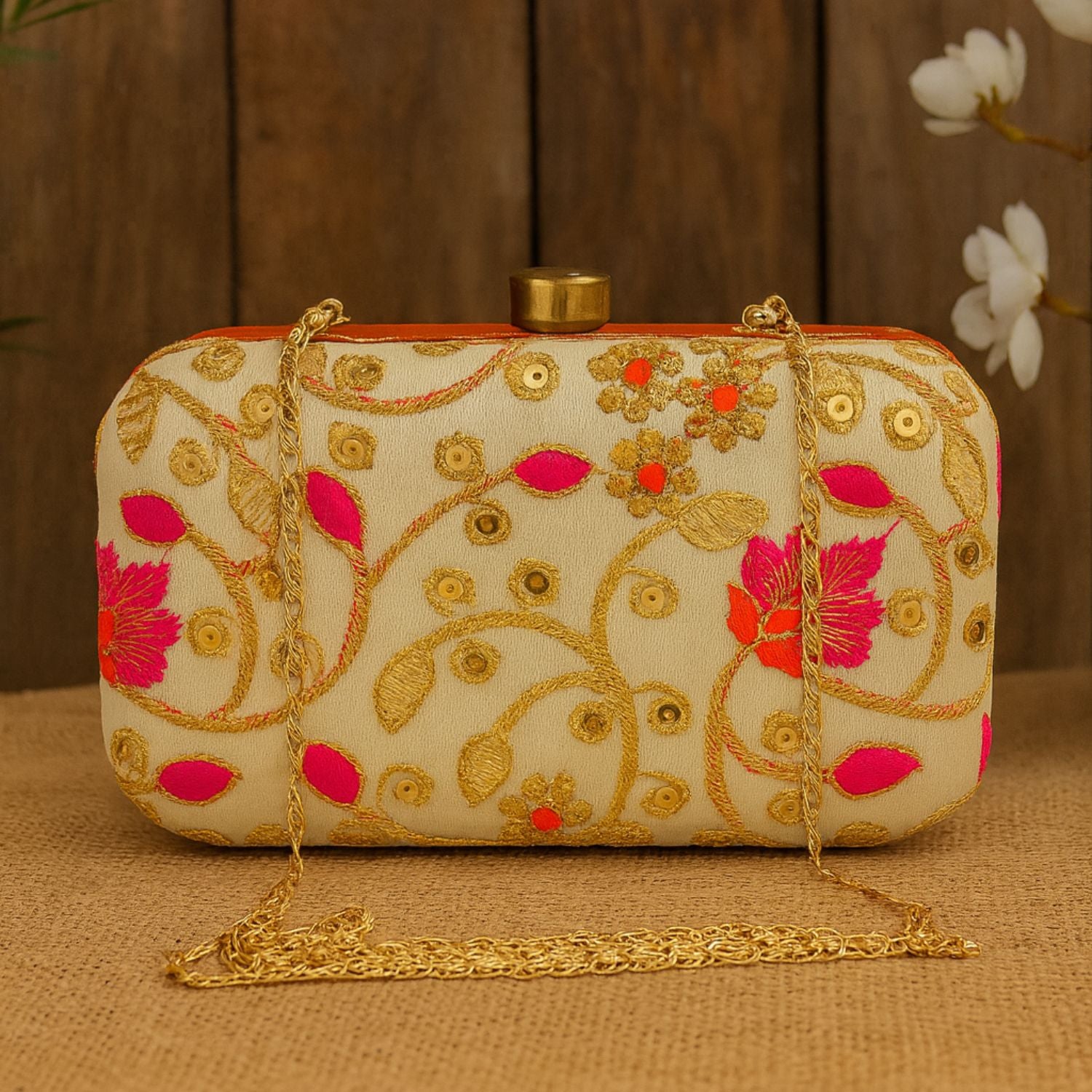 Women’s Embroidered Box Clutch – Zari & Sequin Work, Hard Case Evening Bag with Top Crystal Clasp & Detachable Gold Chain (Ivory/Gold, Pink Floral)