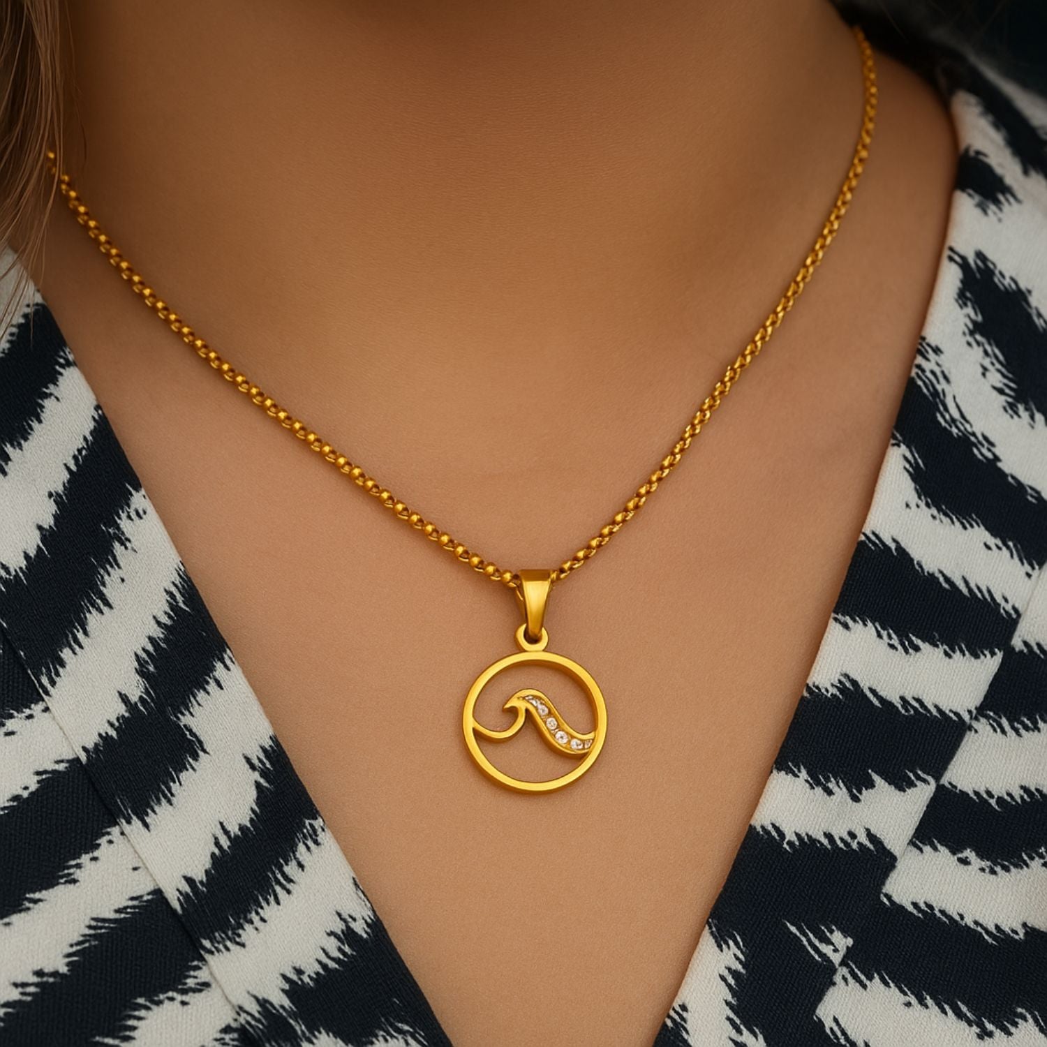 Ocean Wave Pendant – Gold-Tone Necklace with Crystal Accents