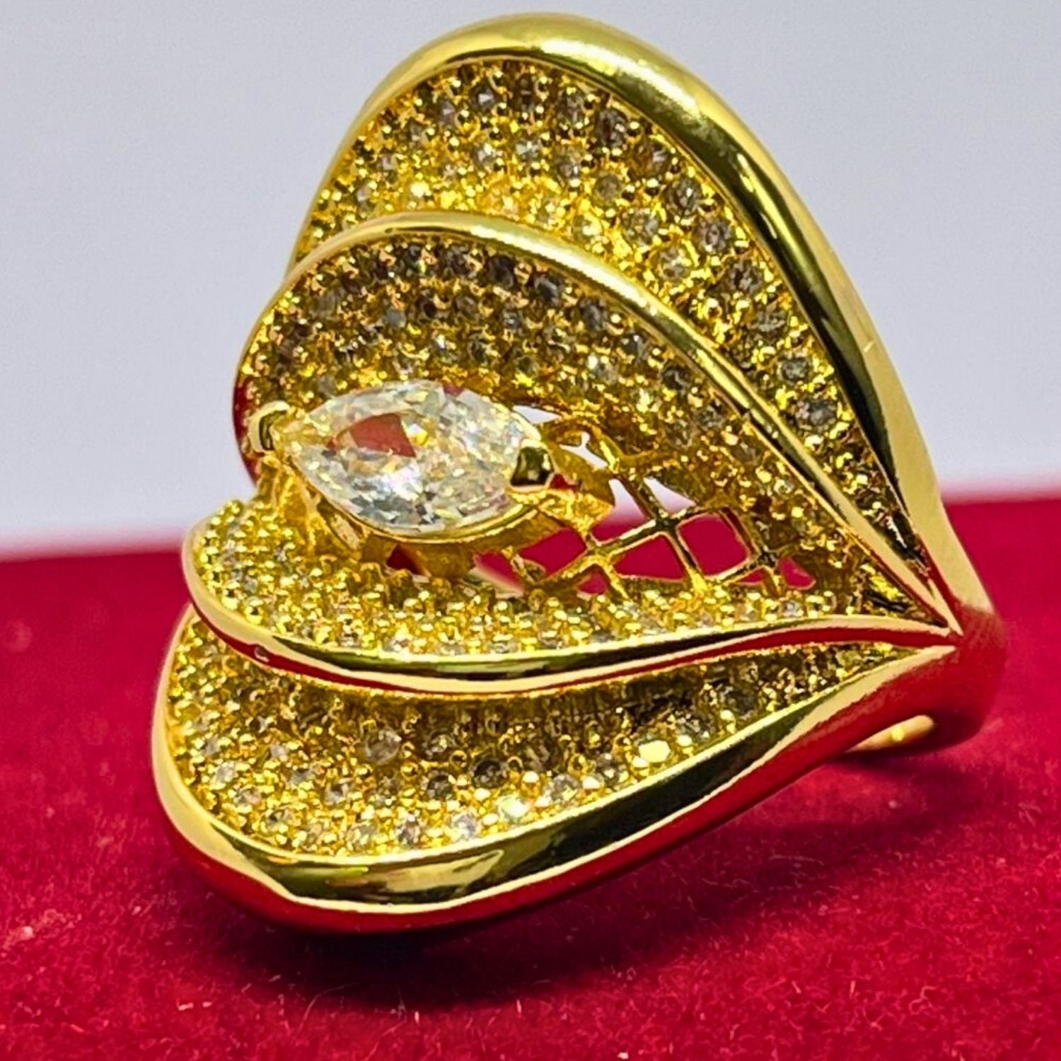 Premium Gold Marquise Fan Ring(Adjustable) – Statement Cocktail Ring with Layered Pavé Crystals